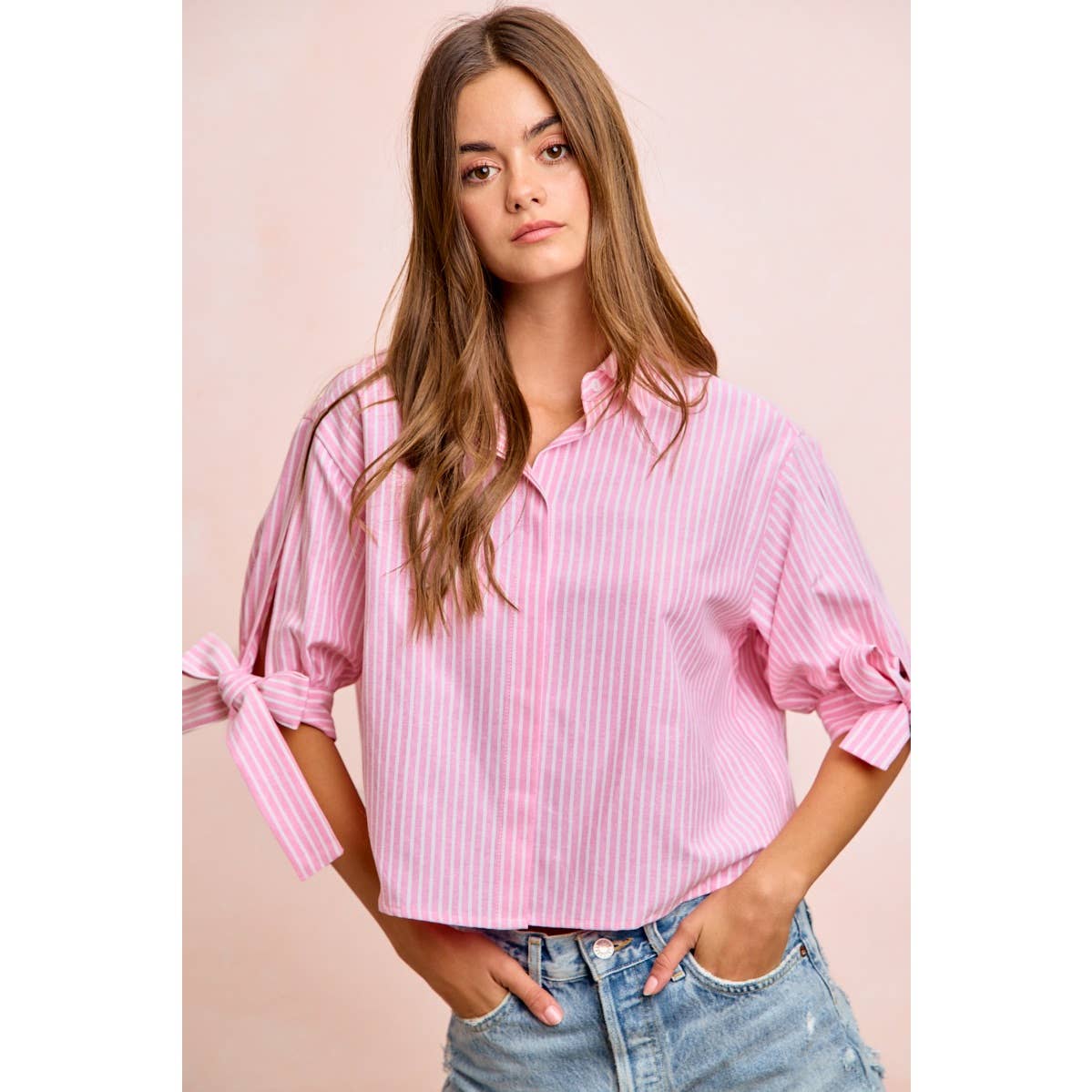 Stripe Woven Button-Up Top with Tied Sleeves