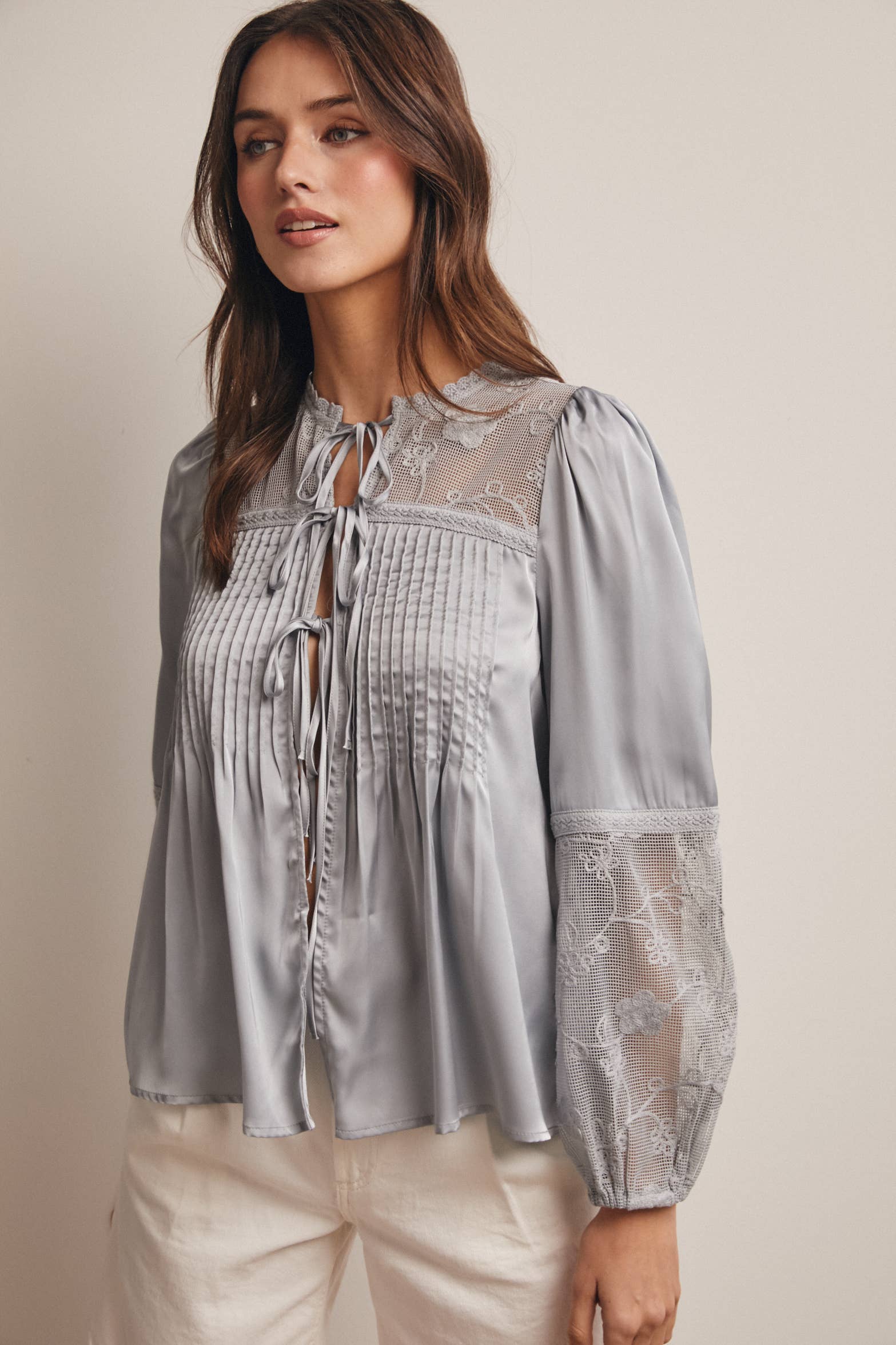 Embroidered Lace Tie-Front Blouse - 926 West