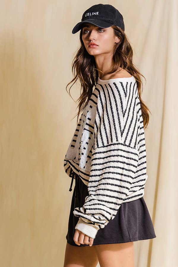 T1770-2B  'GEORGIA' Graphic Textured Stripe Sweatshirt Top BUCKETLIST