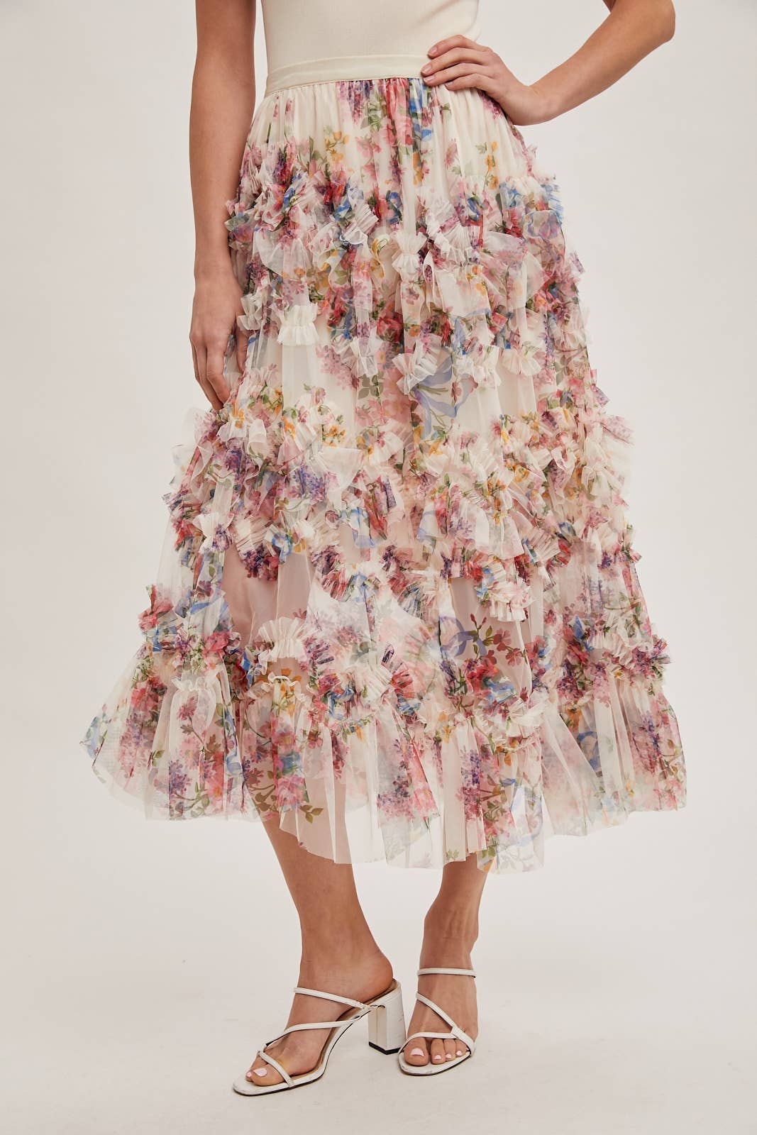 FLORAL RUFFLED MESH MIDI SKIRT Bluivy