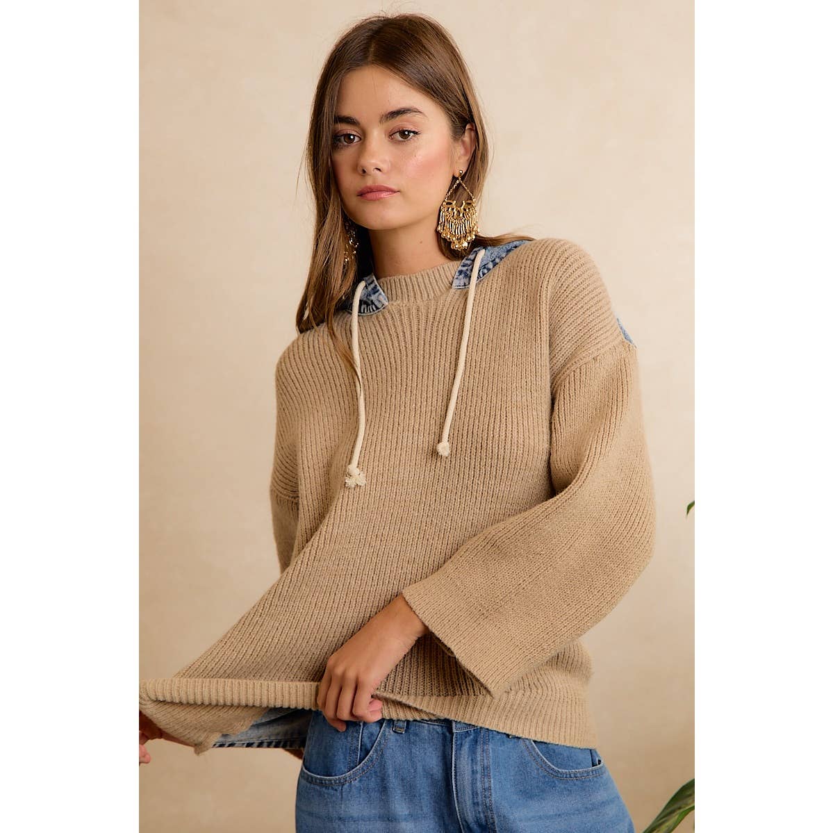 Denim Contrast Hooded Knit Pullover Top