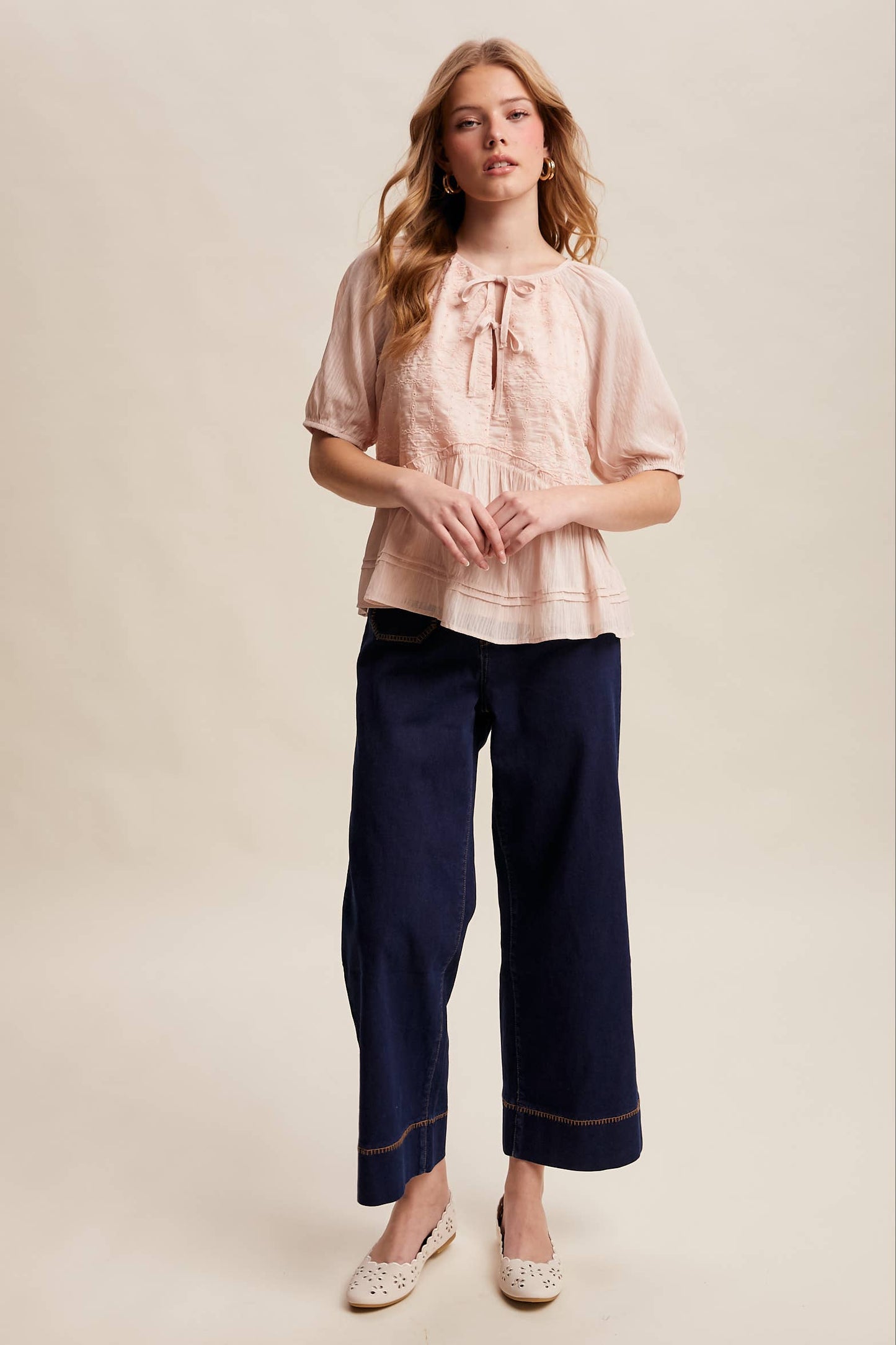 Embroidered Peplum Tie-Front Top – Petal