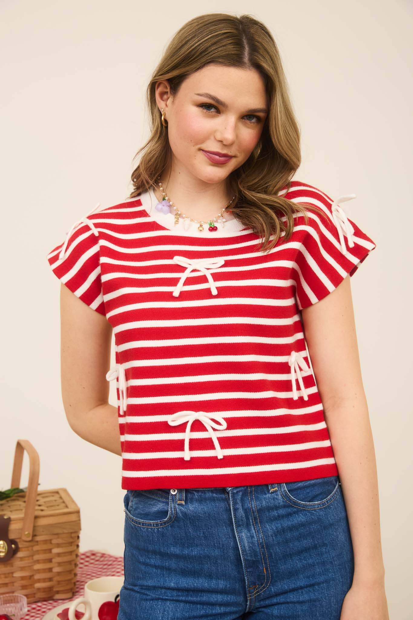 STRIPE BOW DETAIL KNIT TOP