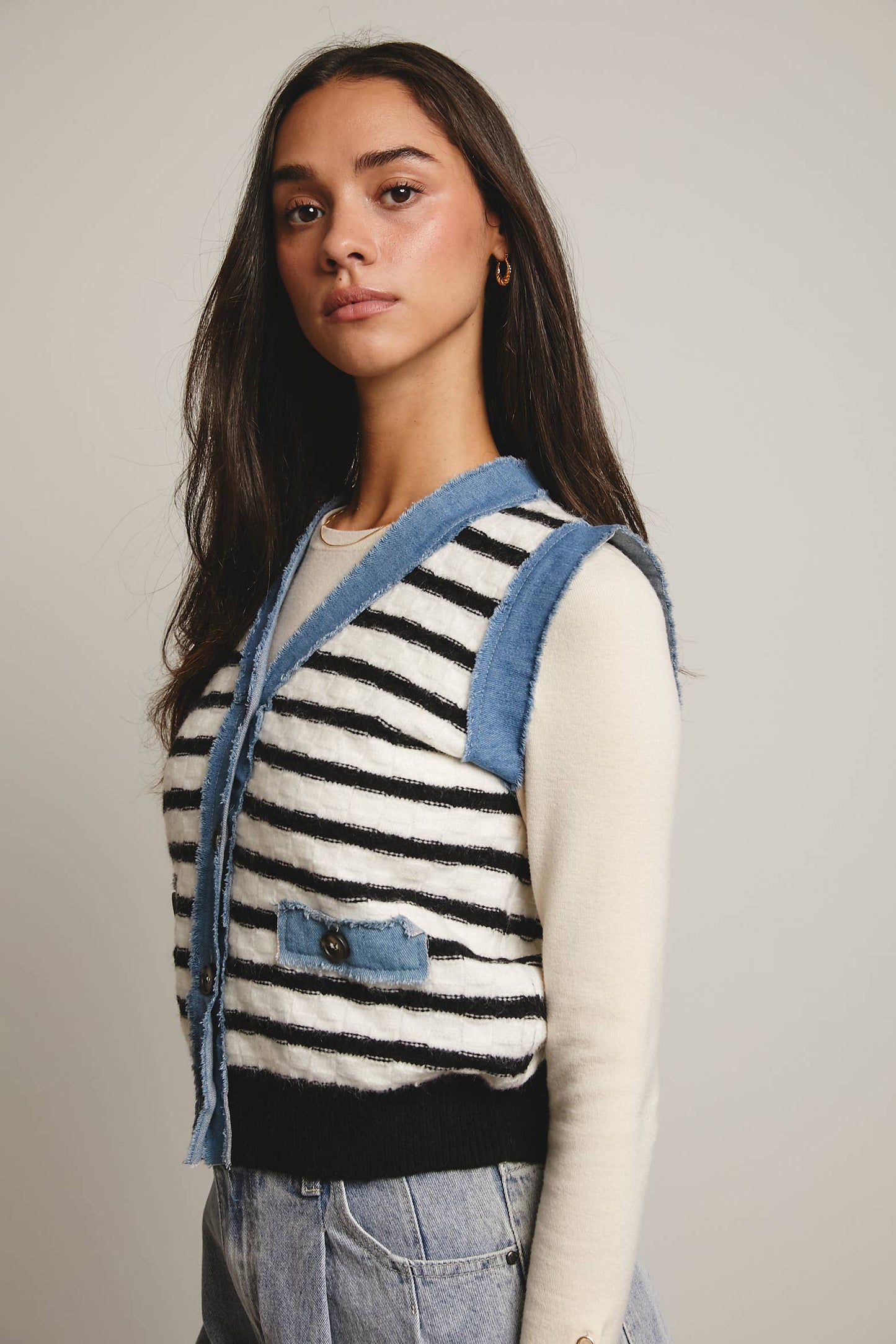Your Favorite Denim Trim Knit Vest - 926 West