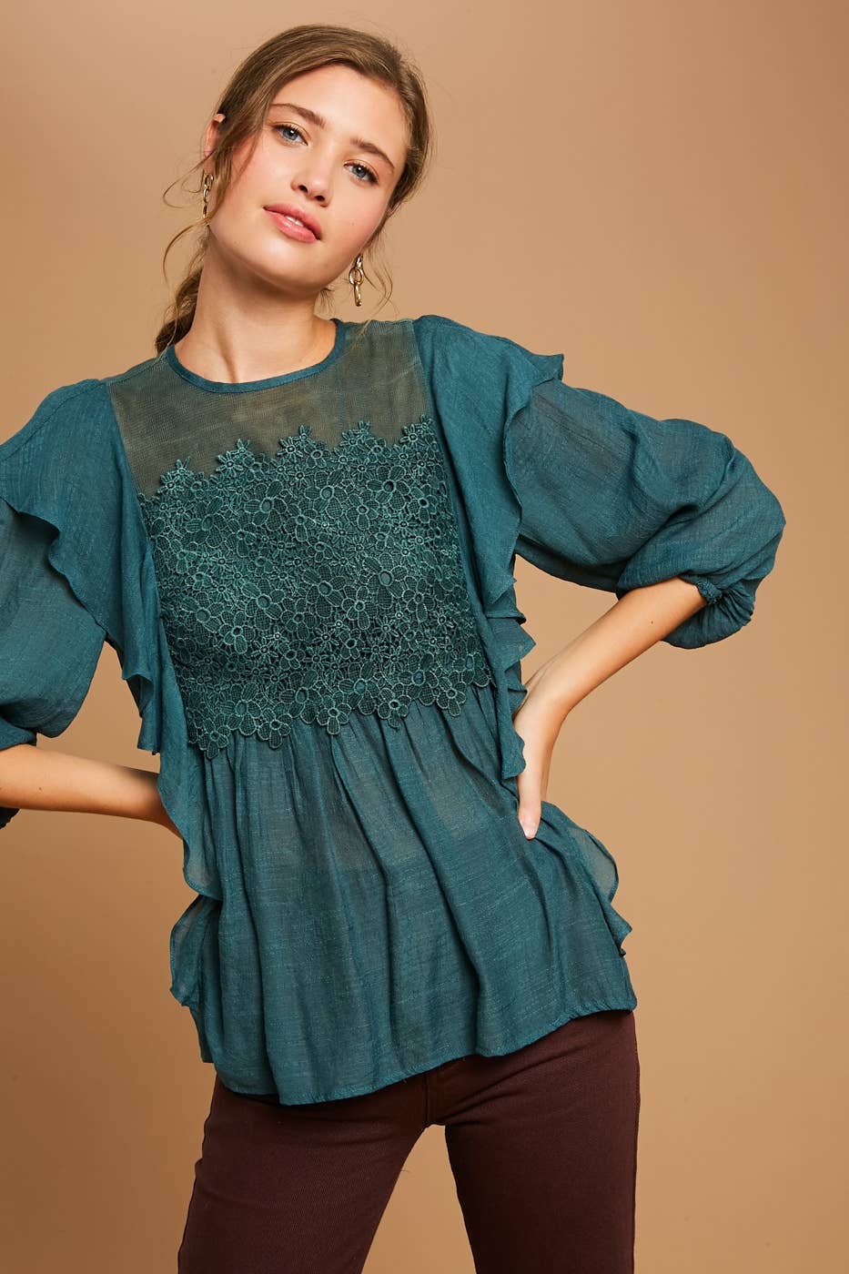 Emerald Green Floral Lace Ruffle Peasant Blouse