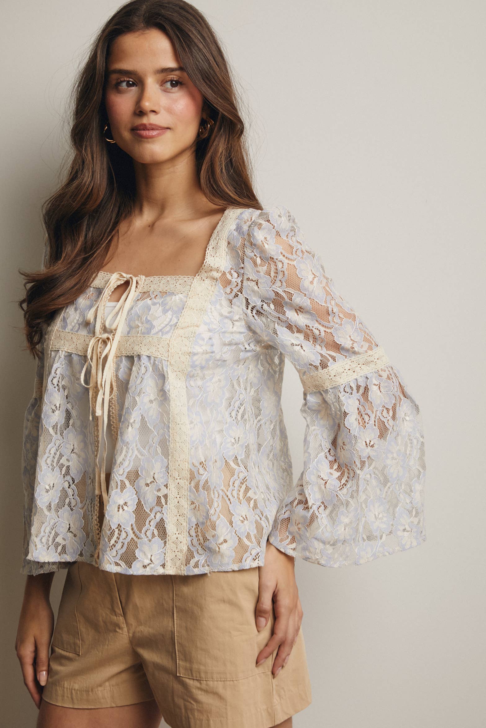 Forte - Sheer Lace Tie-Front Bell Sleeve Blouse - 926 West