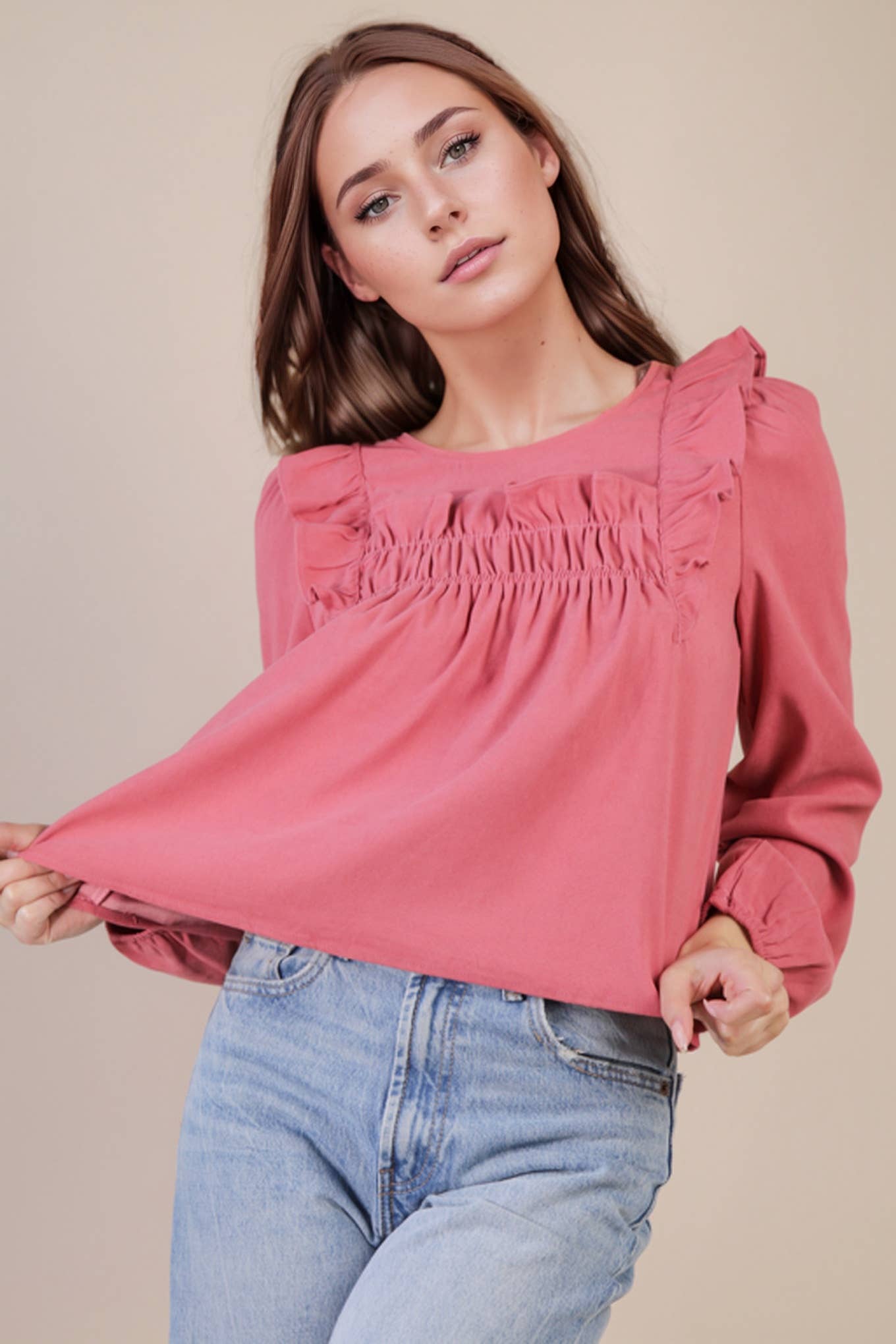 VERY J -Casual Ruffle Shoulder Woven Blouse Top