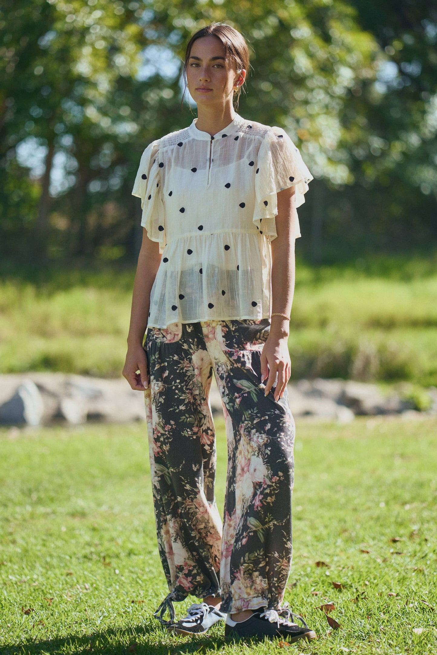 FLORAL PRINTED DENIM WIDE MID HIGH WAIST PANT