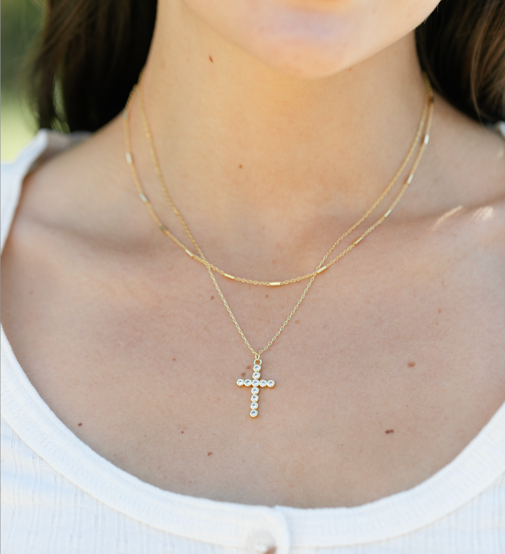 Splendid Iris - Layered Cubic Zirconia Cross Necklace - 926 West