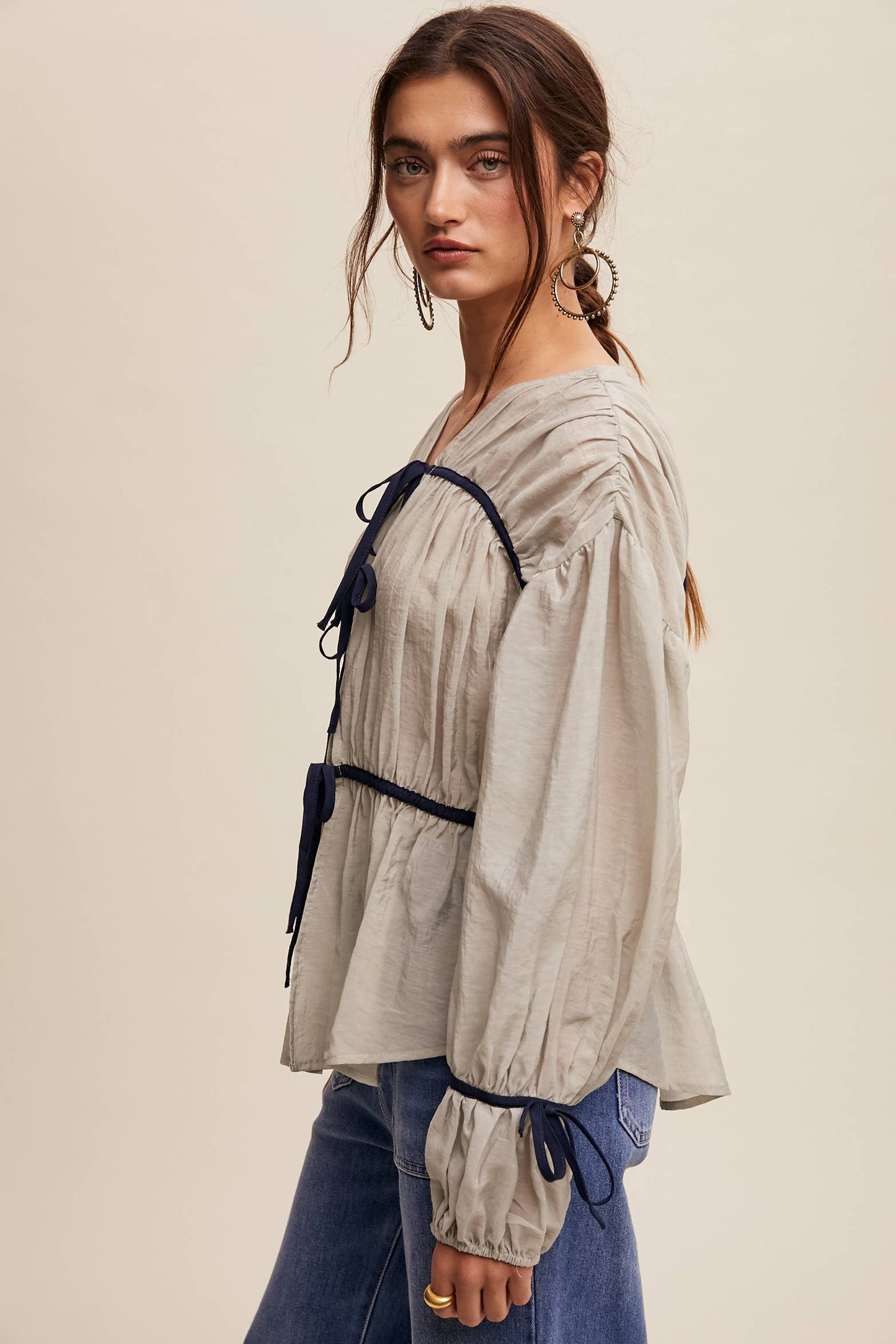 Contrast Trim Ribbon Tie Blouse Listicle
