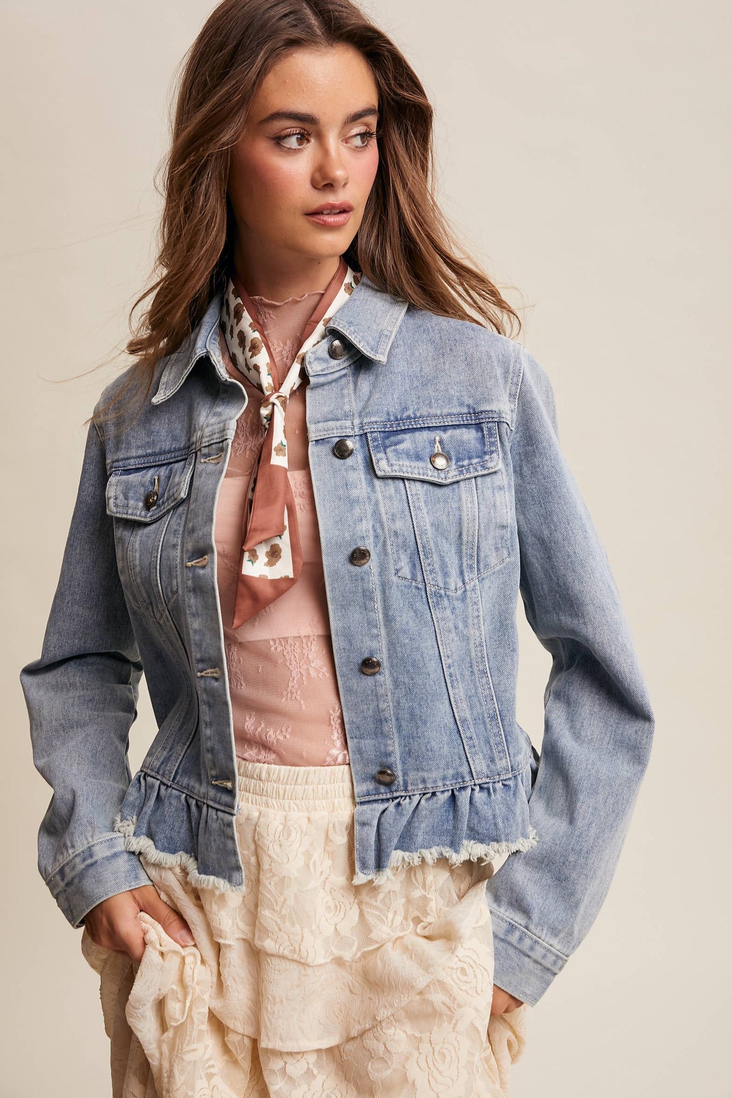 Ruffled Hem Denim Jacket in Light Wash