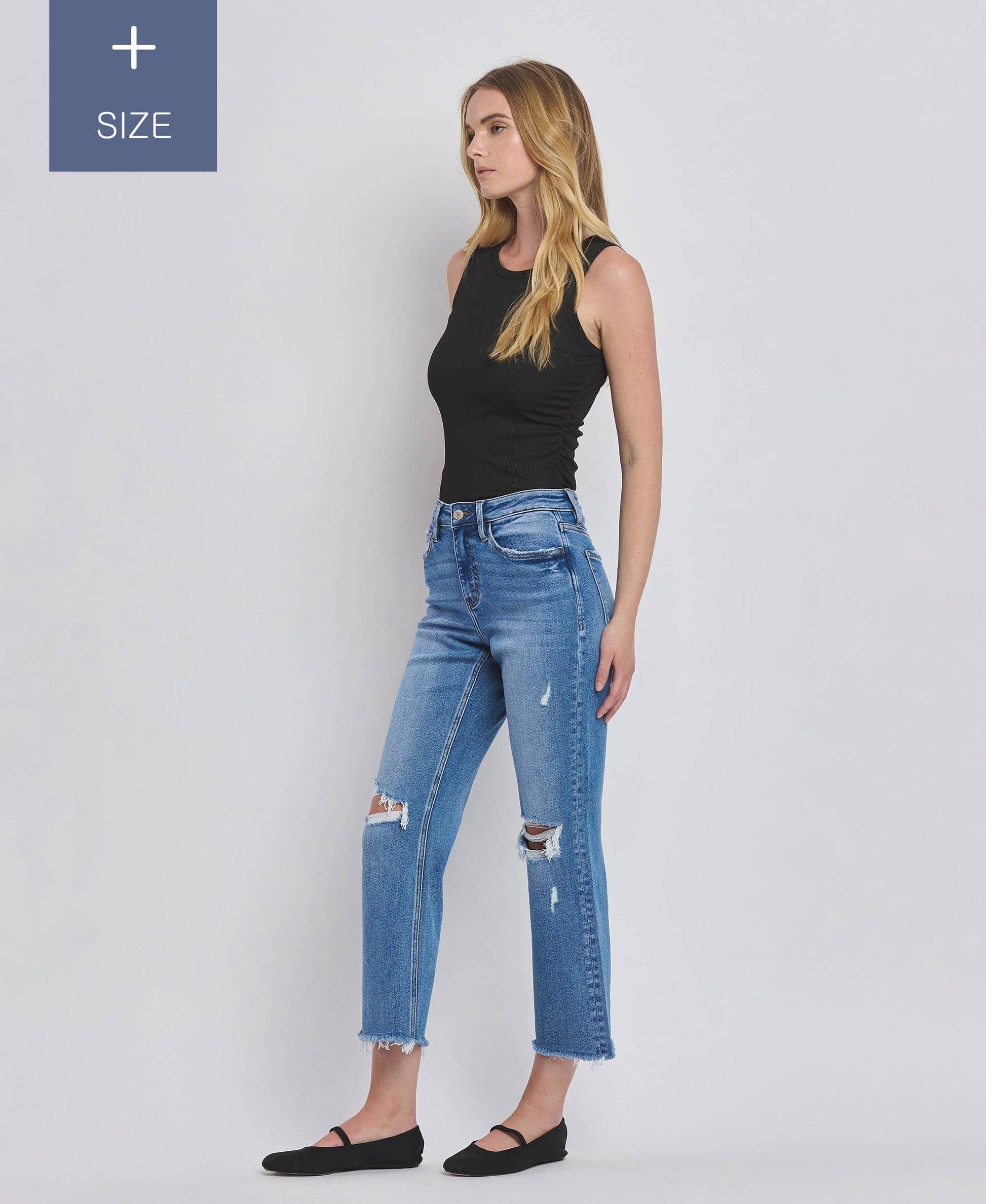 PLUS SIZE HIGH RISE DISTRESSED CROP STRAIGHT JEANS LV1385-P Lovervet by VERVET