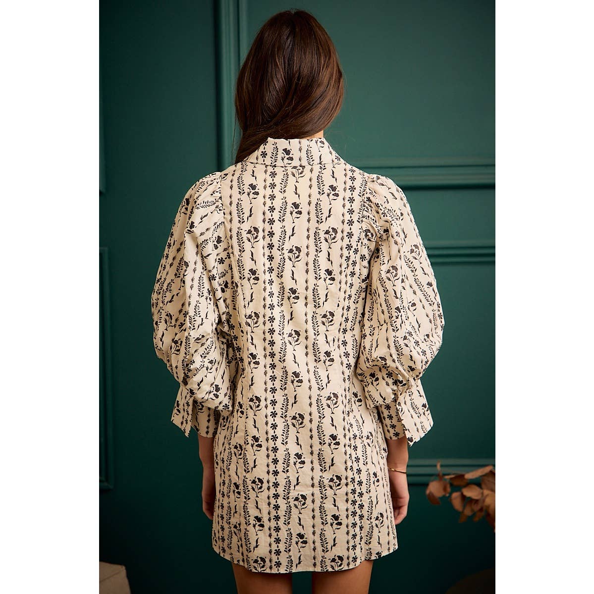 Cream Floral Puff-Sleeve Tie-Waist Mini Dress