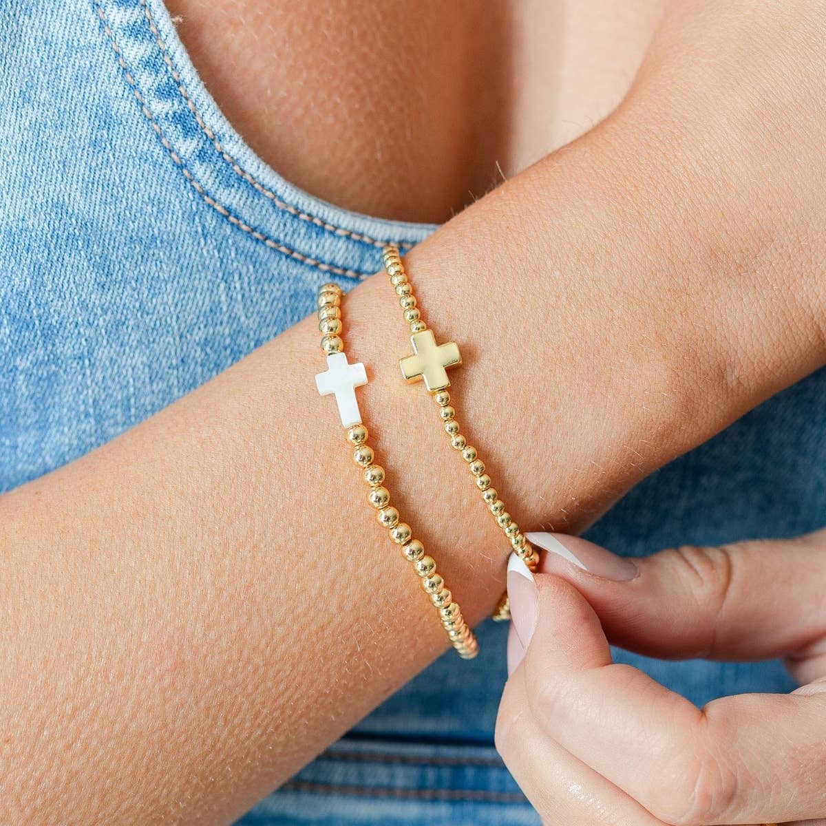 Splendid Iris - 3mm Beaded Stretch Bracelet with Single Gold Cross B3474 - 926 West