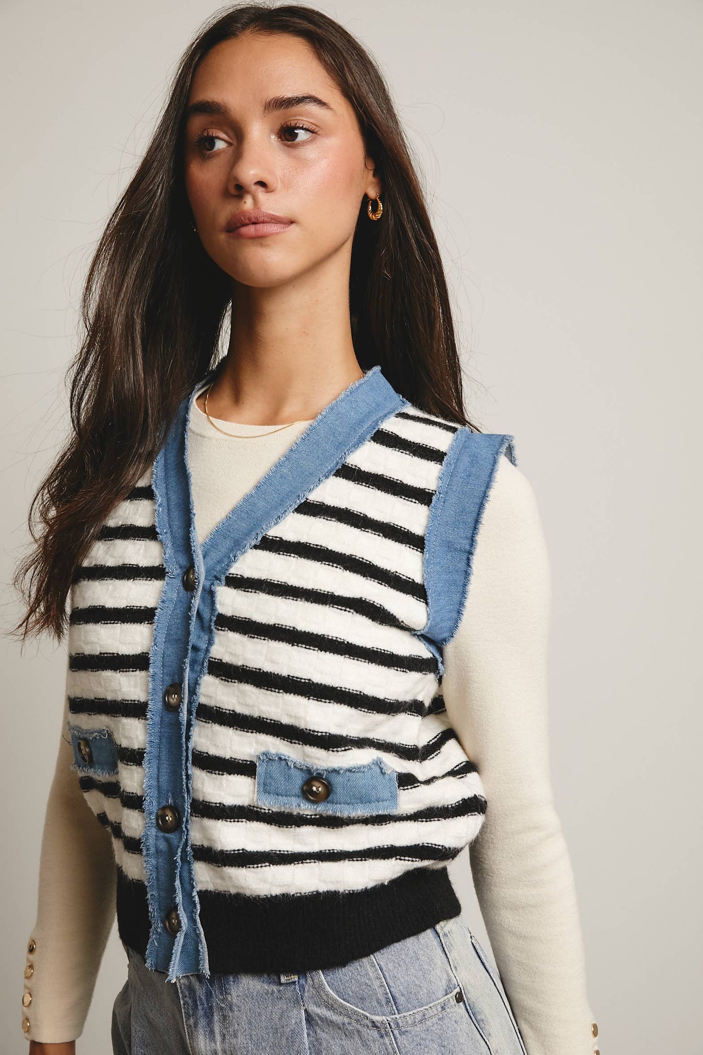 Your Favorite Denim Trim Knit Vest - 926 West