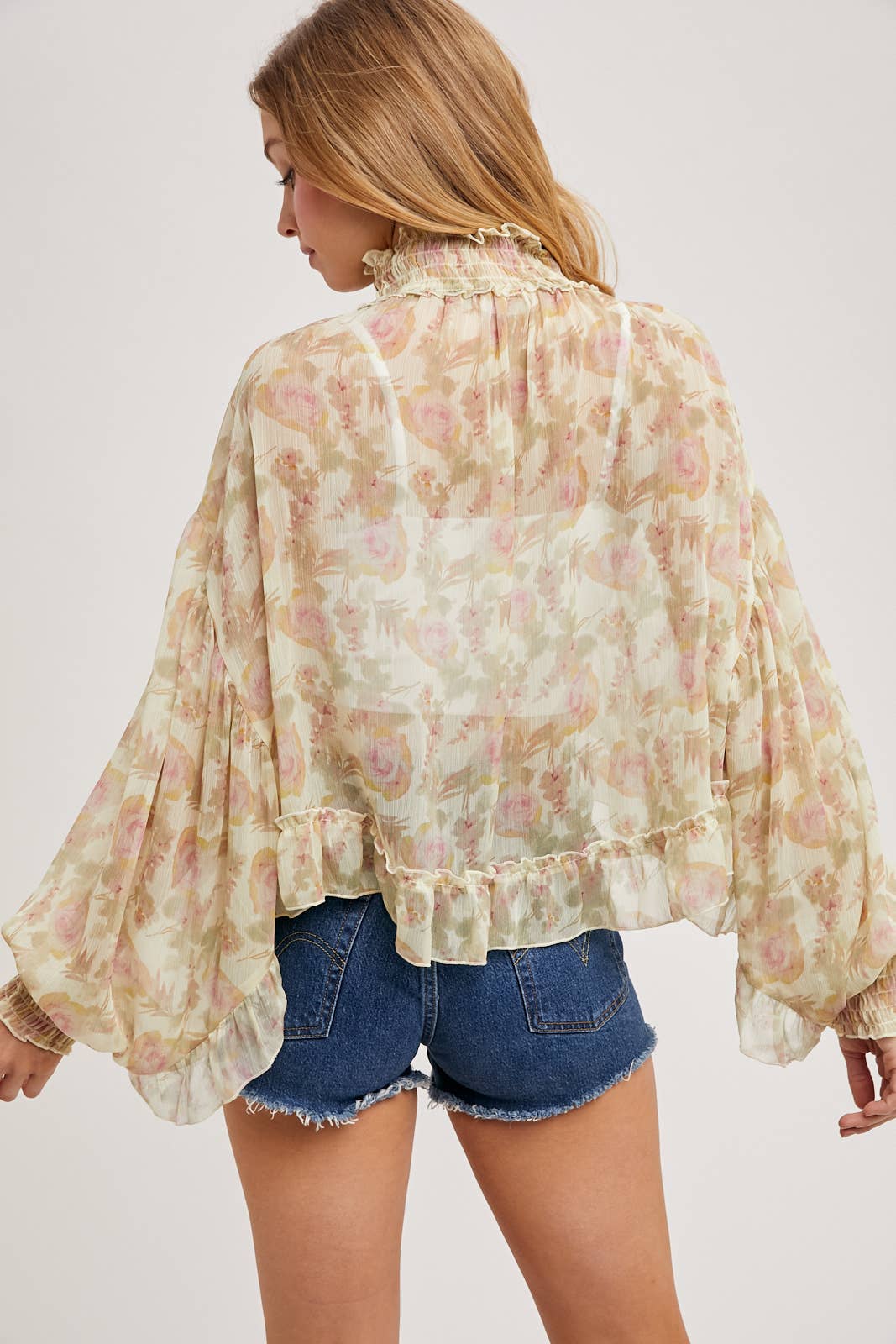 FLORAL PRINT RUFFLED MOCK NECK DOLMAN SLEEVE CHIFFON TOP Bluivy