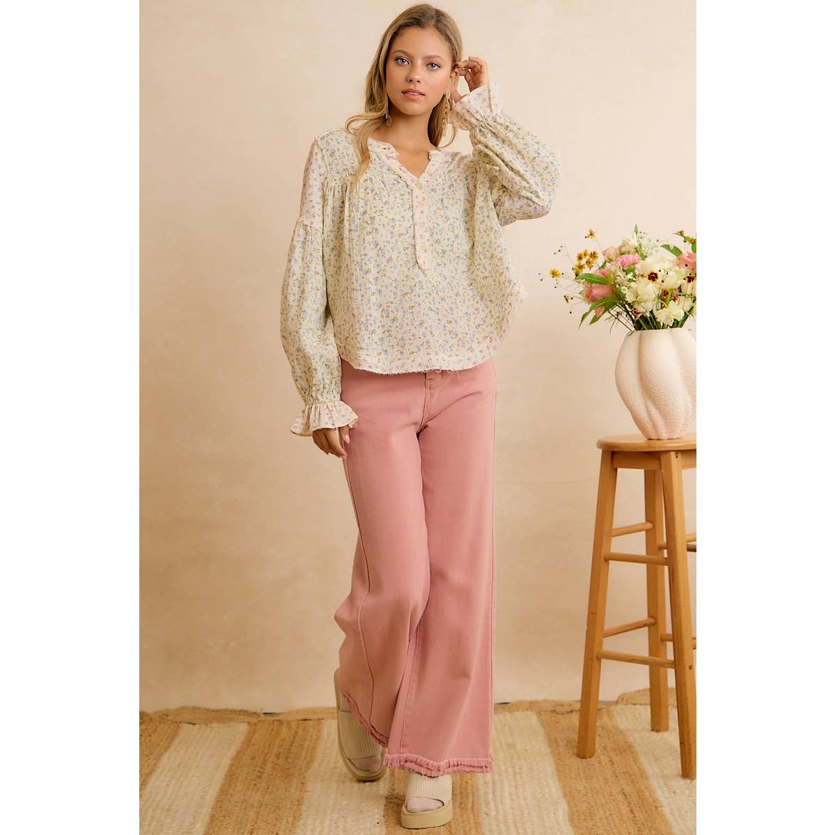 BiBi Floral Crinkle Gauze Button-Front Blouse