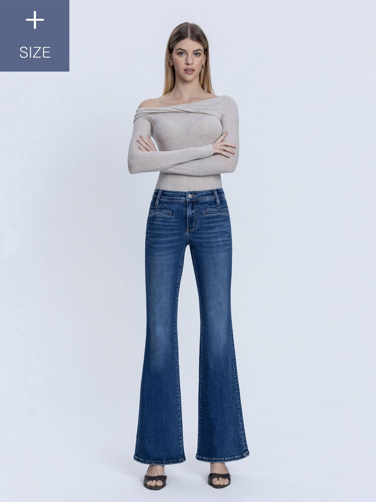 Lovervet by VERVET- PLUS SIZE MID RISE WELT POCKET EASY FLARE JEANS