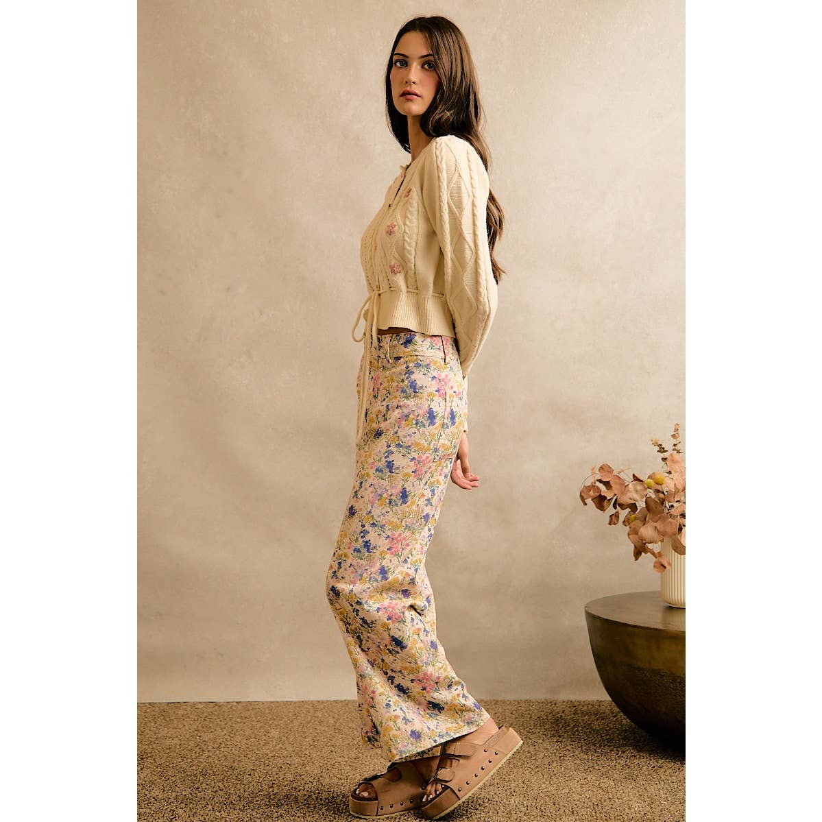 Floral Print Twill Wide Leg Pants