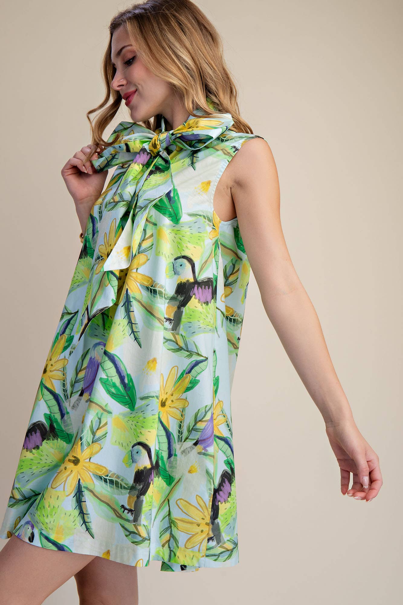 GLAM- Tie Neck Sleeveless Floral Mini Dress