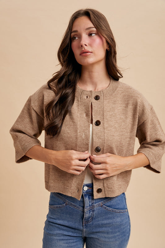 Half Sleeve Button Down Knit Top Brown