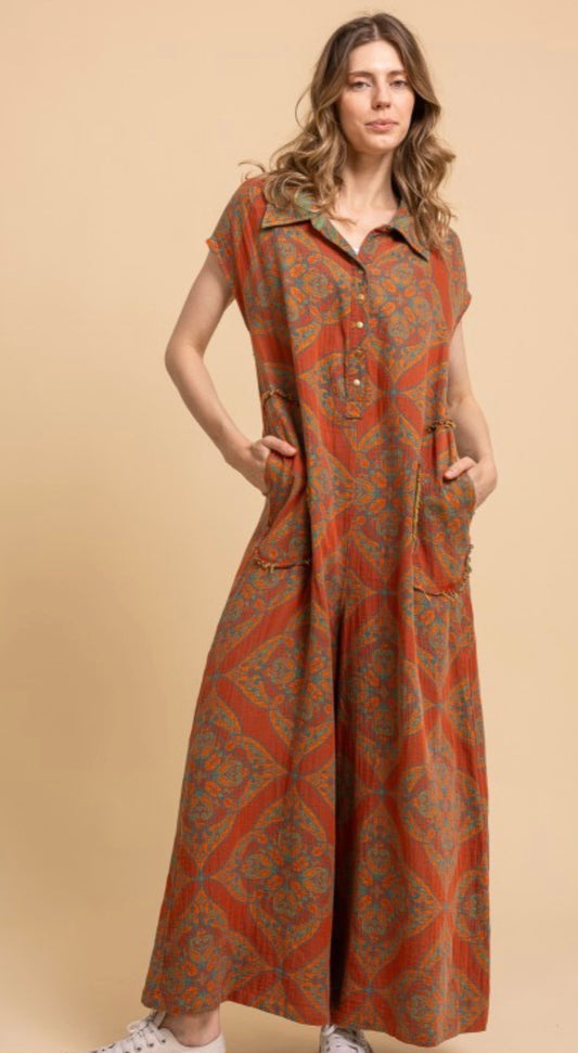 Bluevelvet -Button Up Short Sleeve Baggy JUMPSUIT-REVERSIBLE 926 West