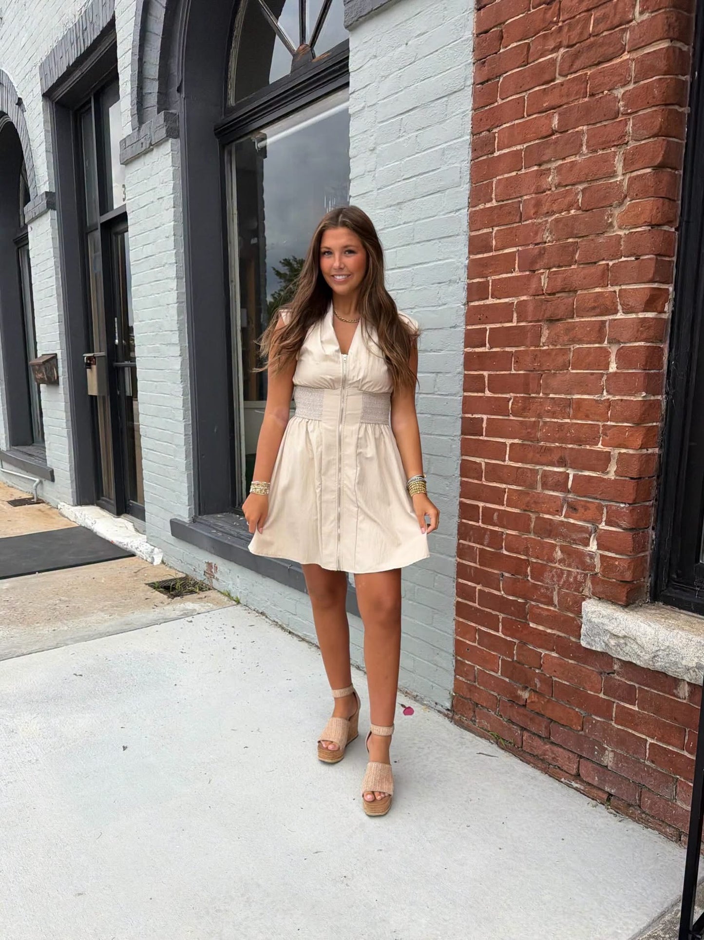 GLAM VNeck Front Zip Waist Smocked Shoulder Pad Mini Dress