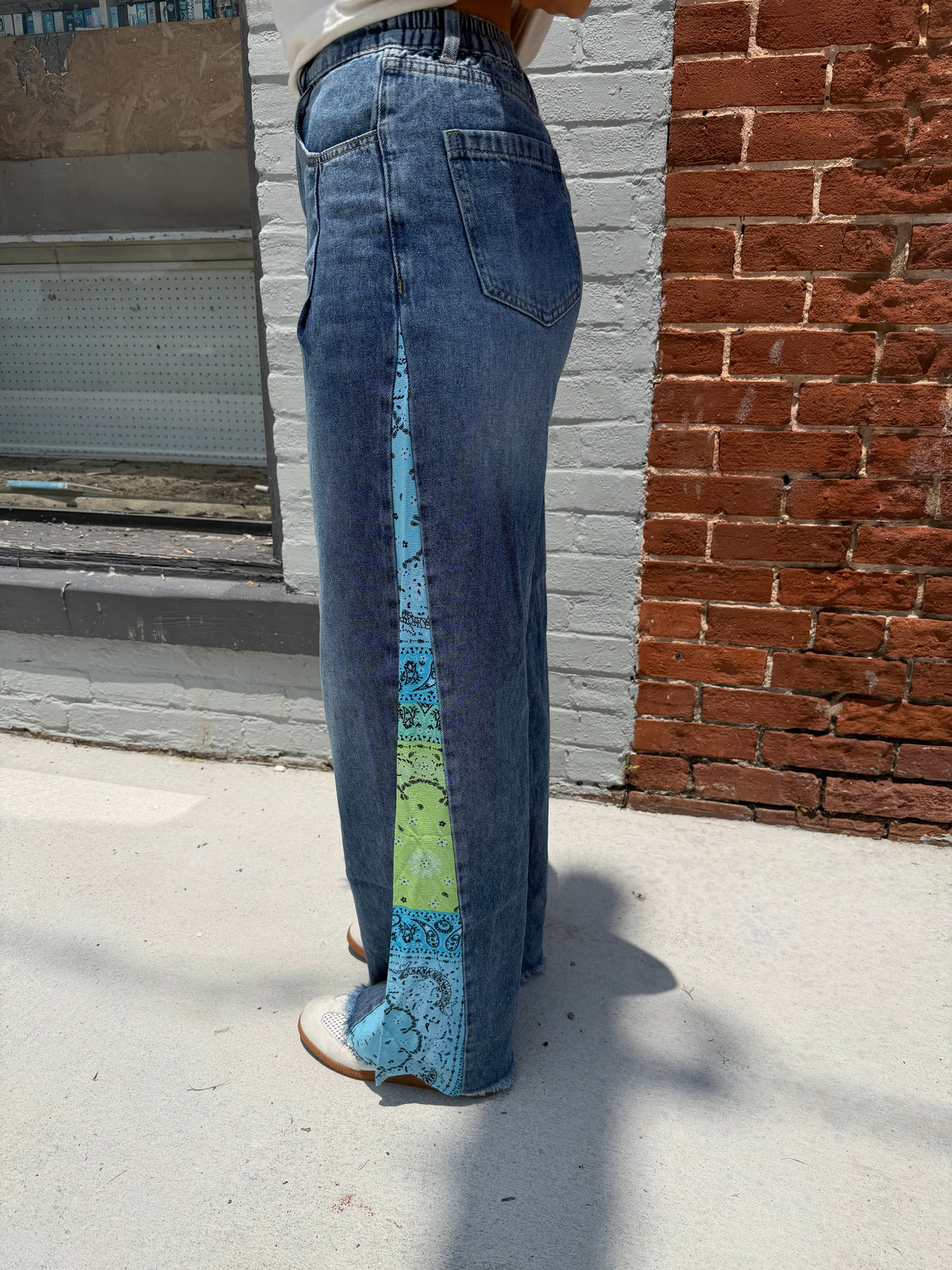 Denim Palazzo Pants with Paisley Print Side