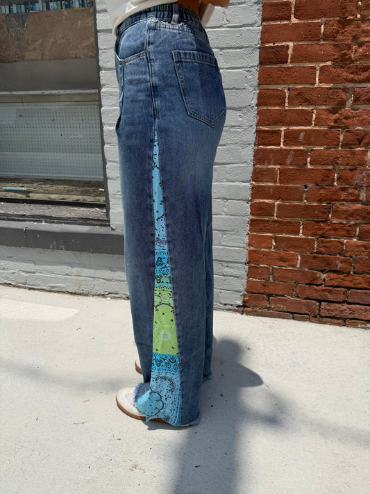 Sage & Fig - Denim Palazzo Pants with Paisley Print Side