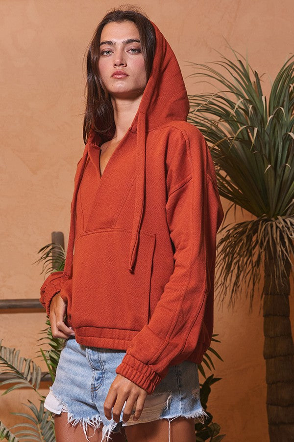 BUCKETLIST-Oversized Drawstring Solid Terry Hoodie Top Rust 926 West