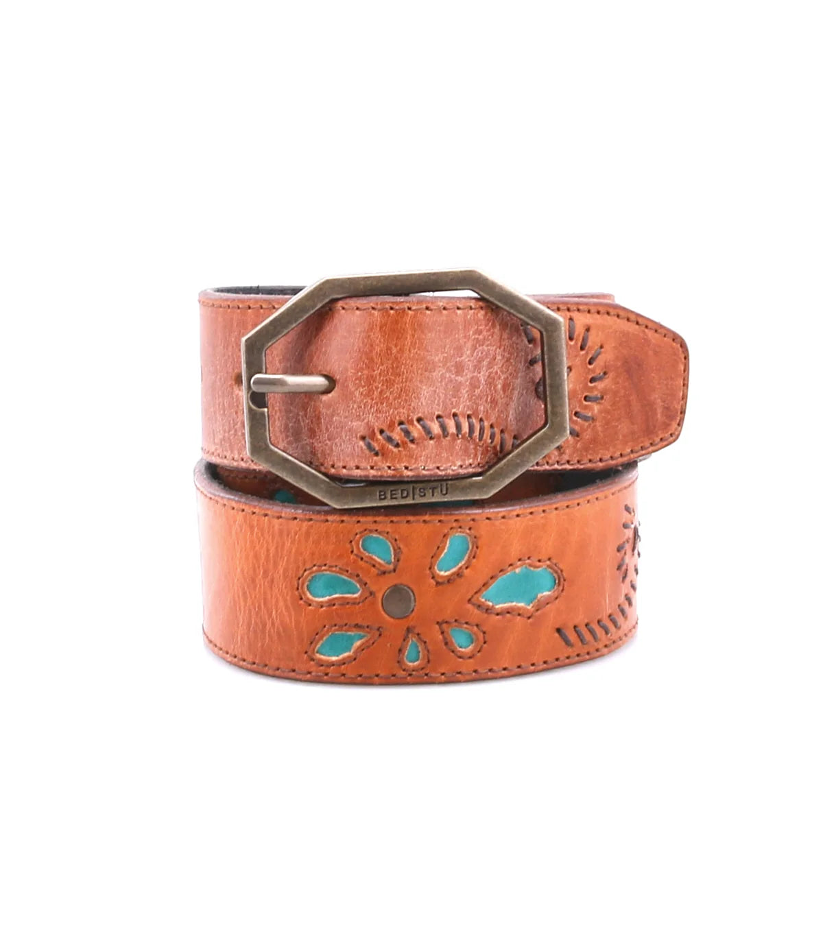 BED STU Upswing II Caramel Artic Teal Rustic Leather Women's Belt