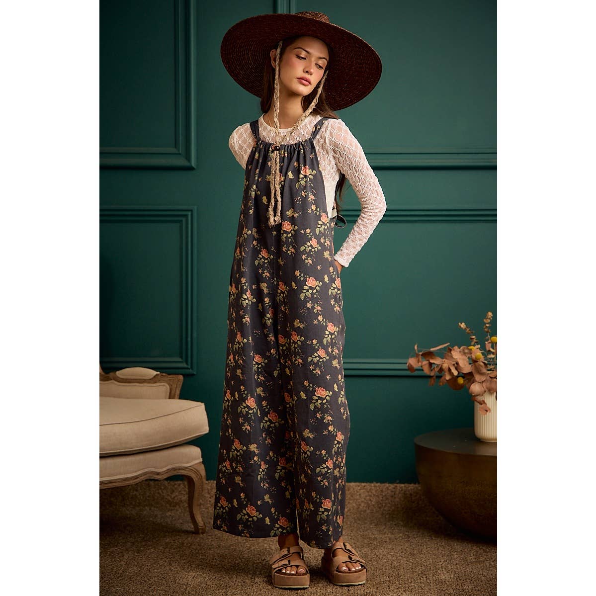 Floral Print Wide Leg Lightweight Jumpsuit