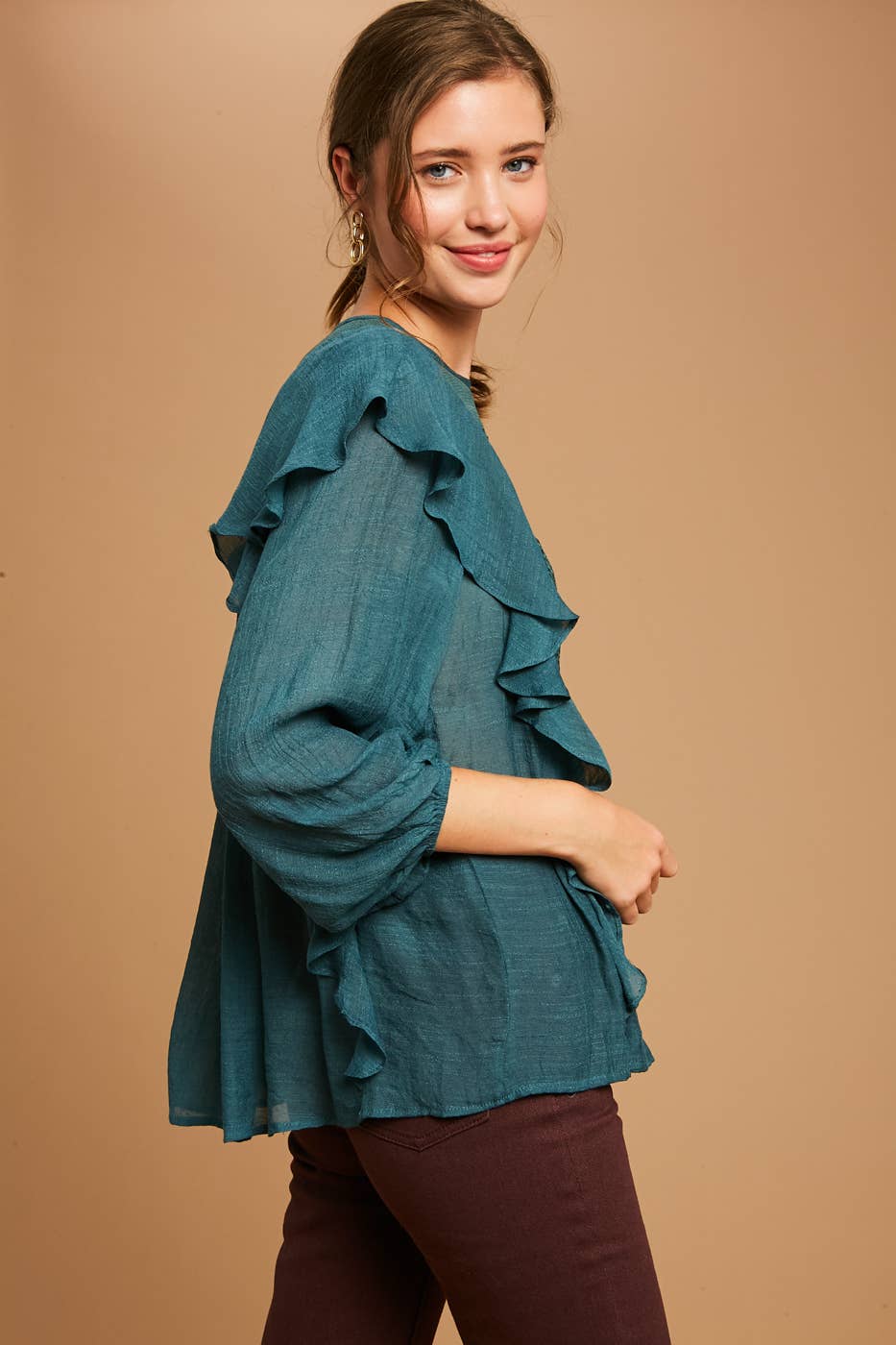 Emerald Green Floral Lace Ruffle Peasant Blouse
