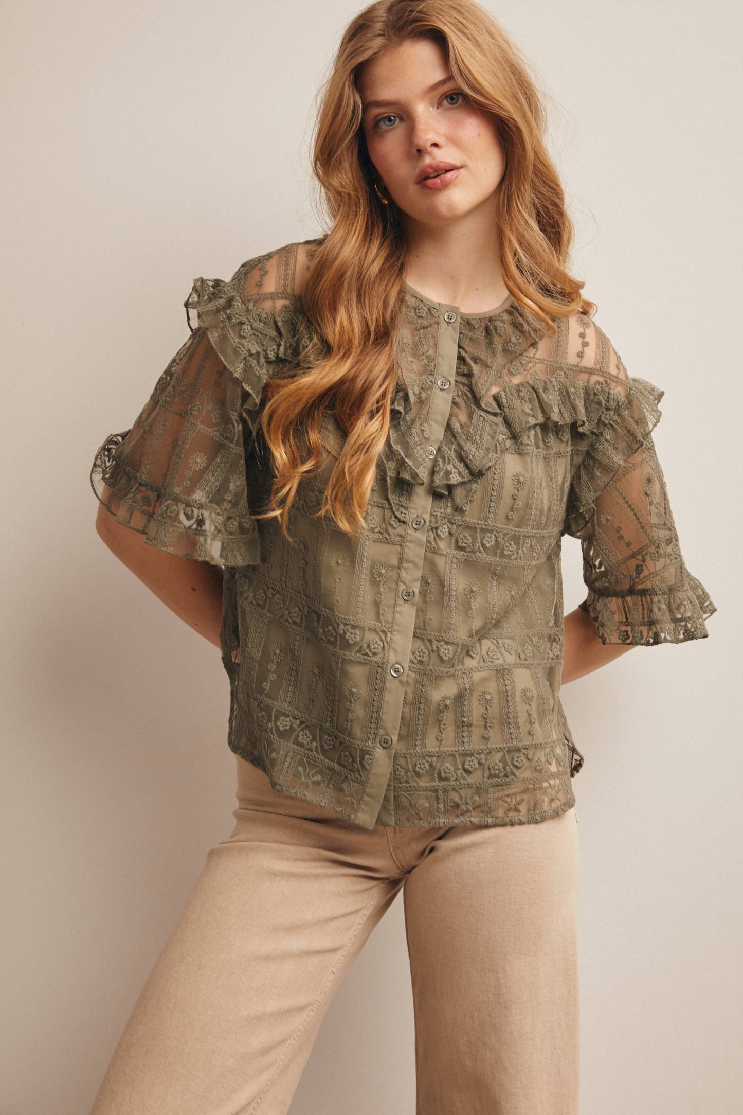 Embroidered Ruffle Lace Blouse - 926 West