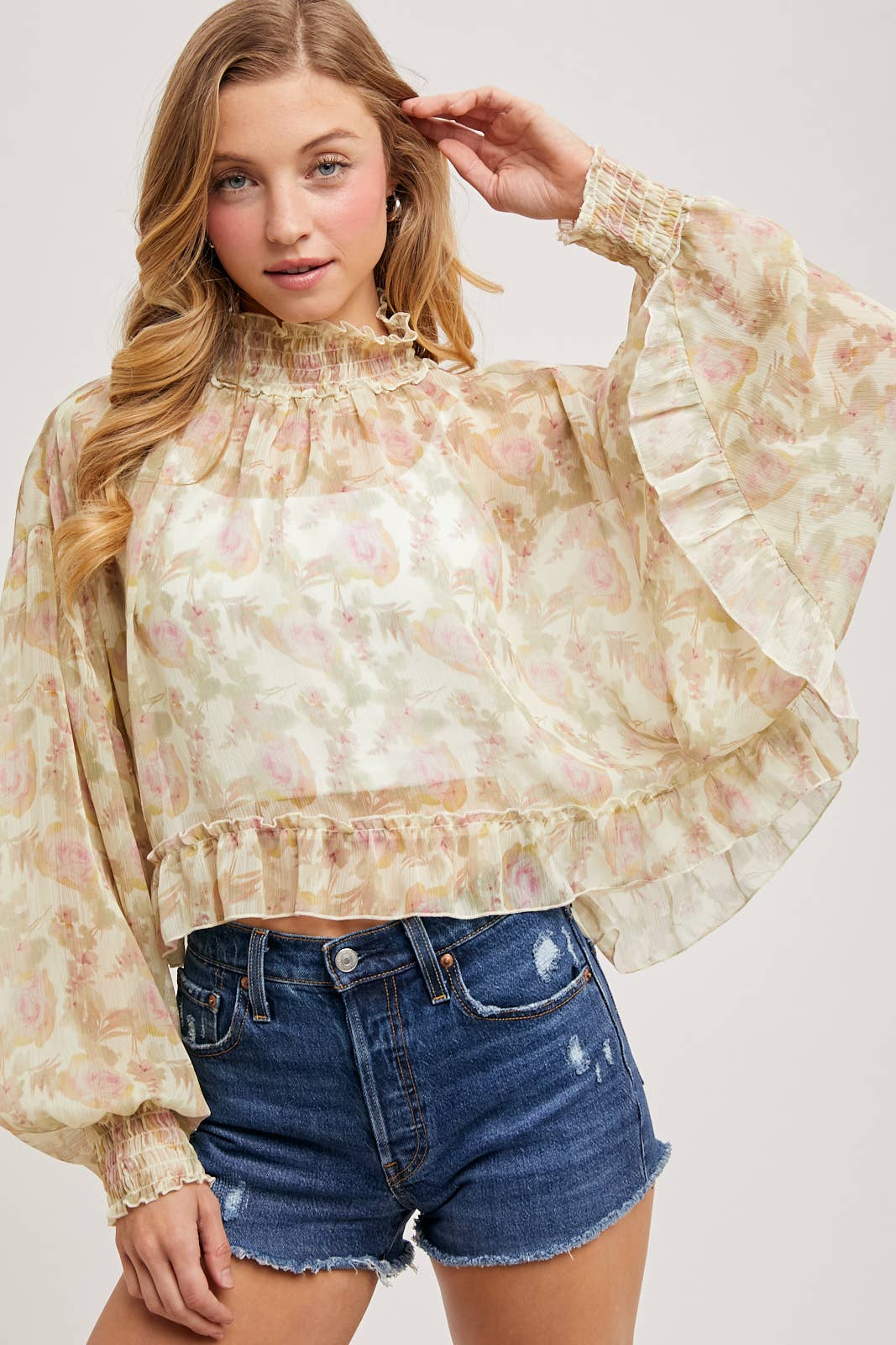 FLORAL PRINT RUFFLED MOCK NECK DOLMAN SLEEVE CHIFFON TOP Bluivy