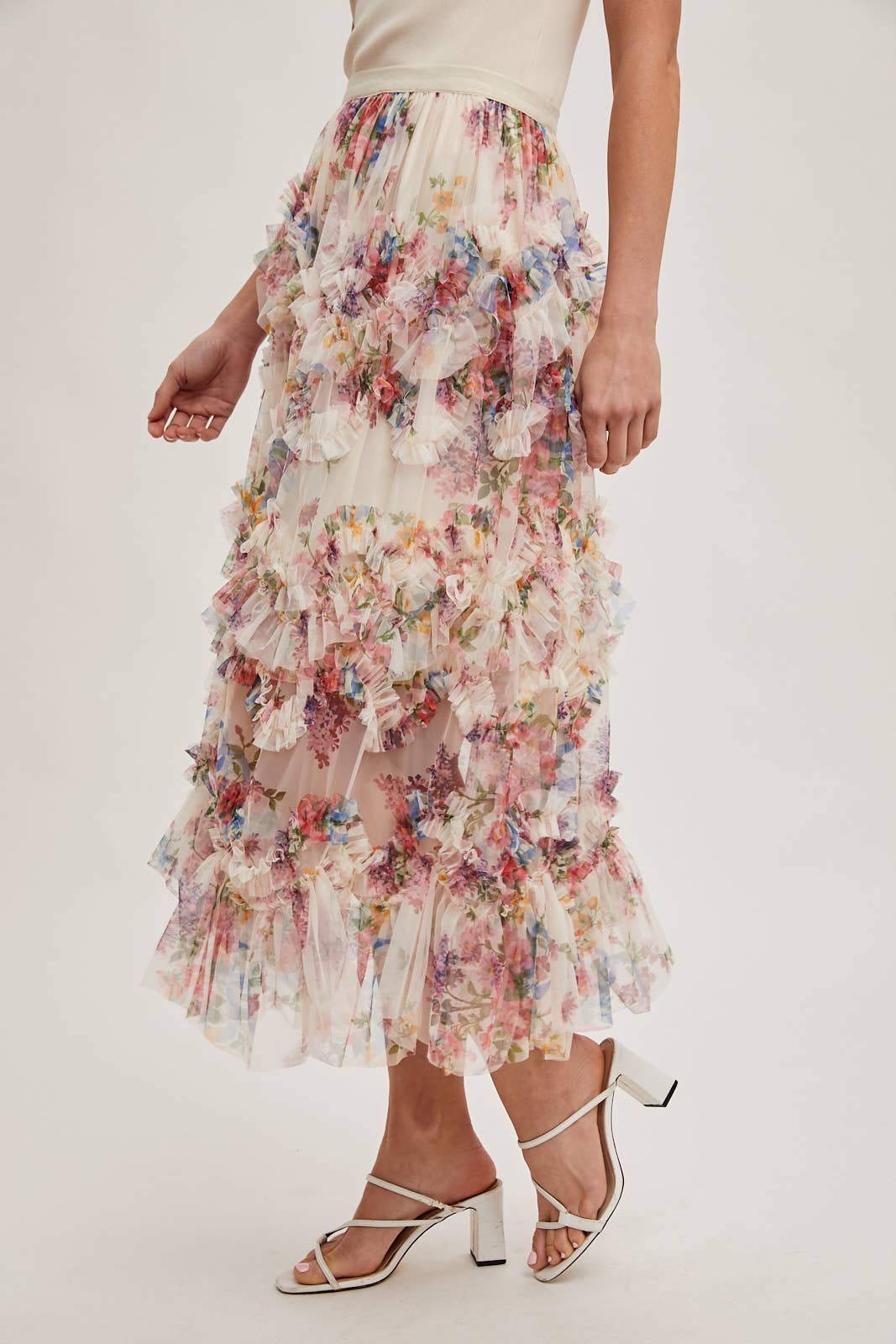 FLORAL RUFFLED MESH MIDI SKIRT Bluivy