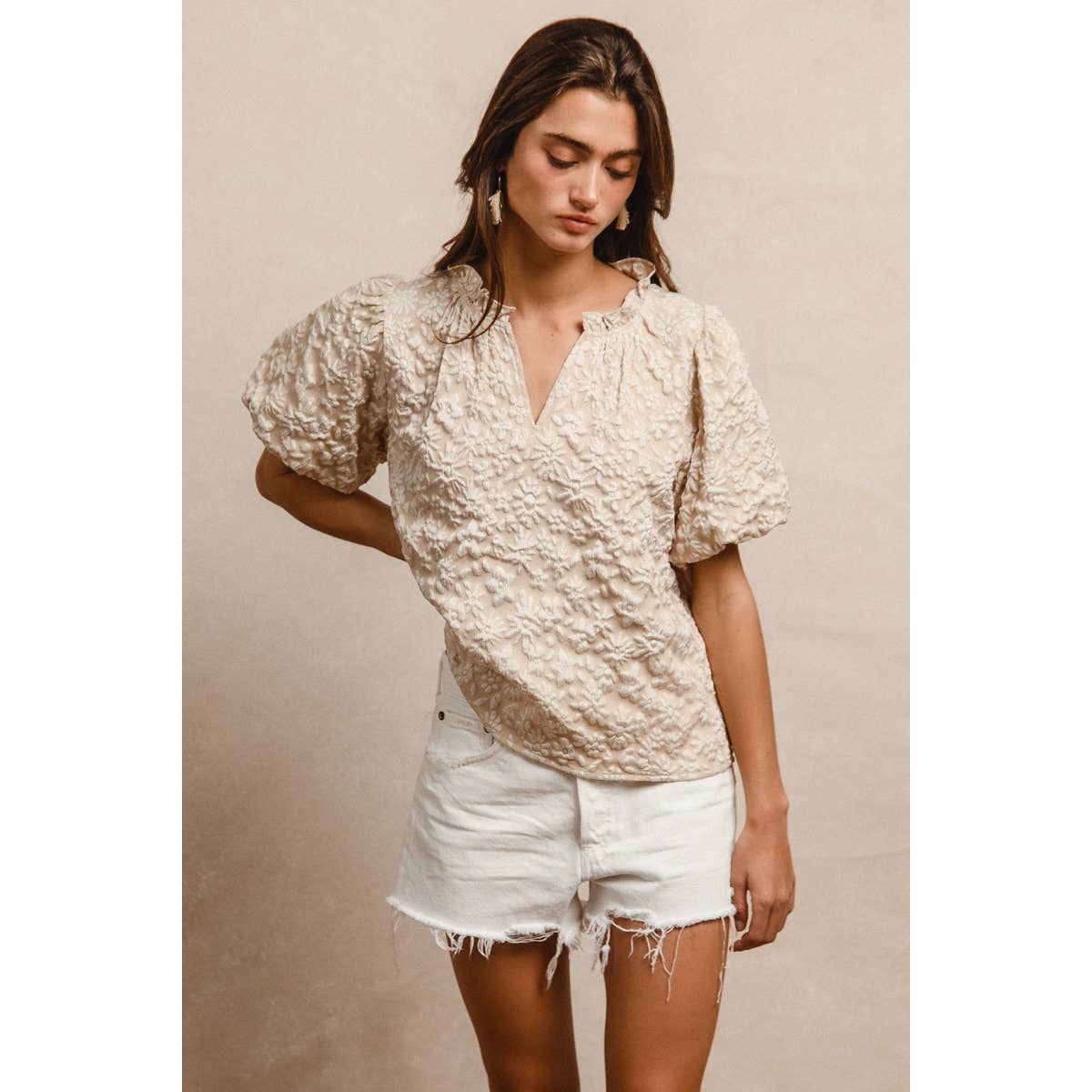 Floral Texture Balloon Sleeve V-Neck Top