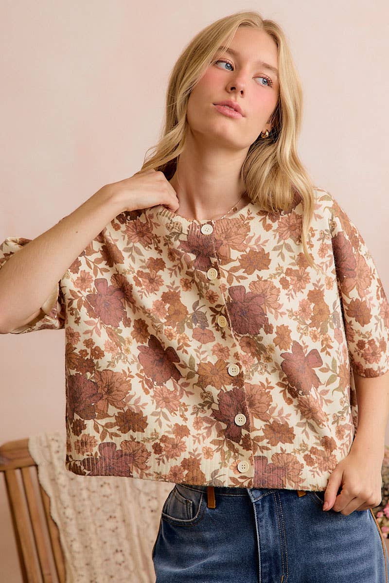 Ivory & Brown Floral Button-Front Sweater Vest