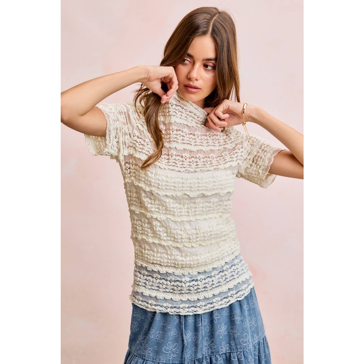 Short Sleeve Ruffle Floral Lace Top
