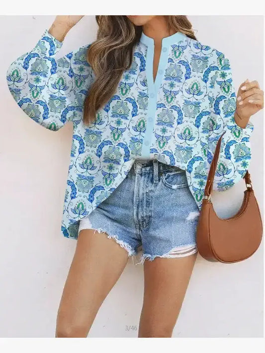 Paisley Print Puff Sleeve Loose Shirt