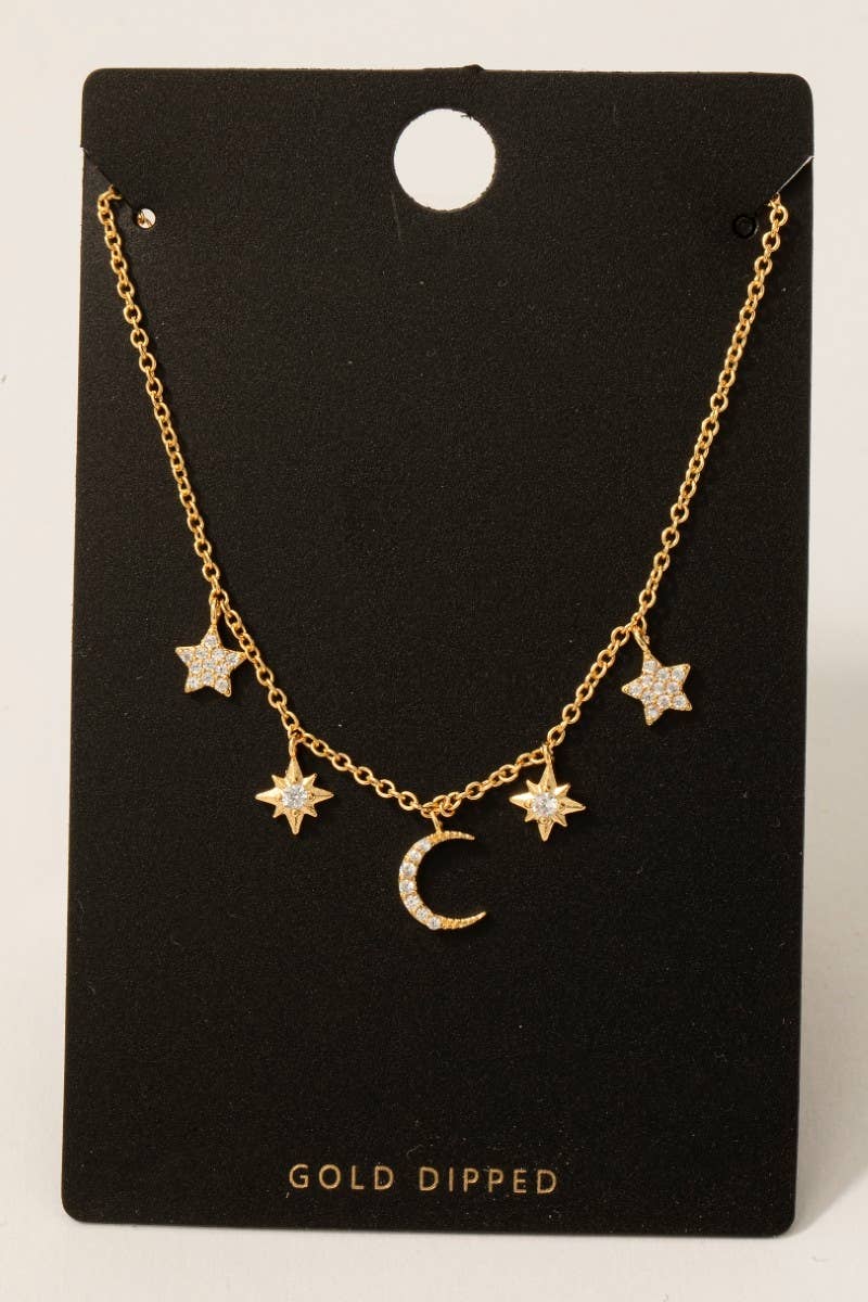 Gold Dipped Cz Pave Star And Moon Charms Chain Necklace Fame Accessories