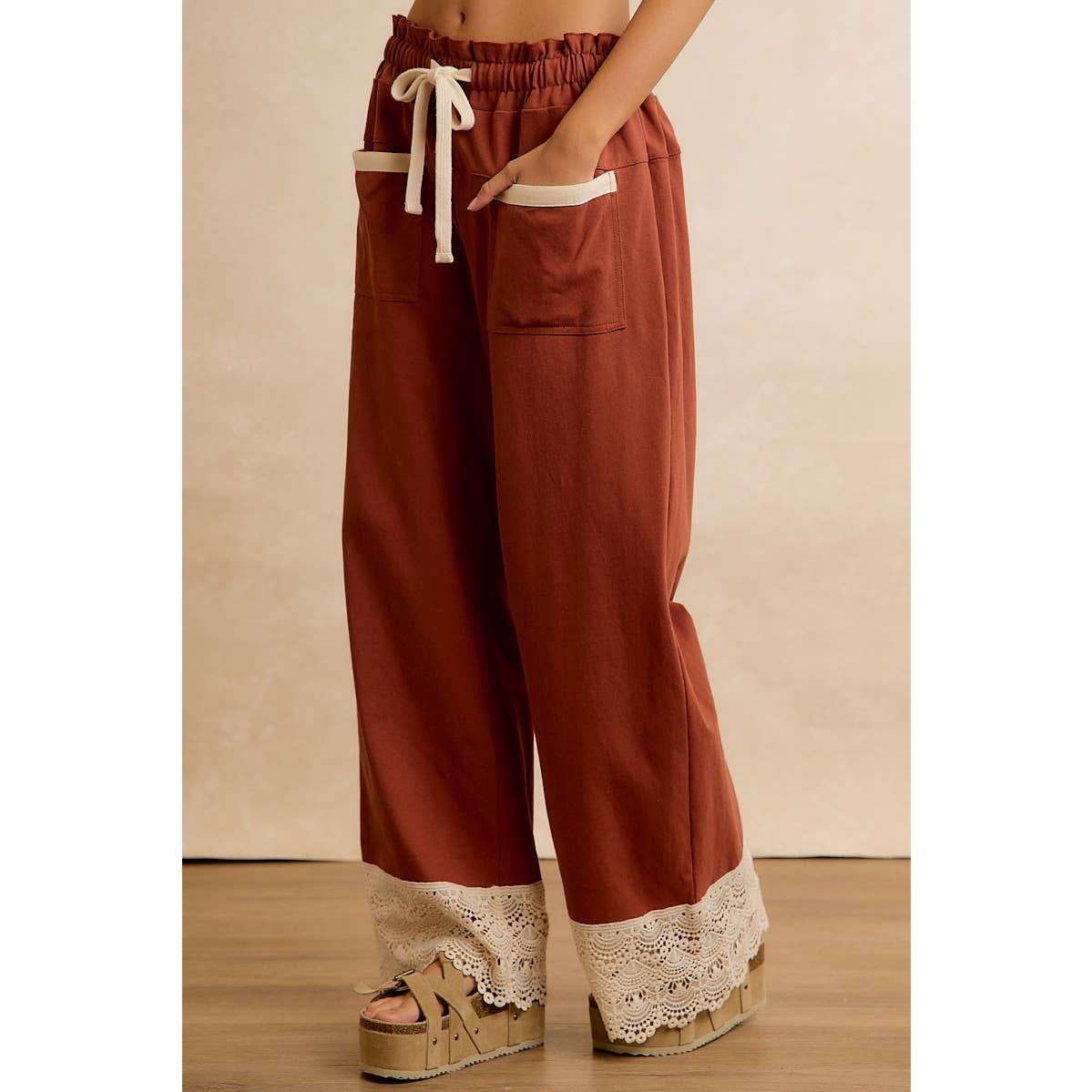 BiBi Solid Cotton Pants with Lace-Trimmed Hem