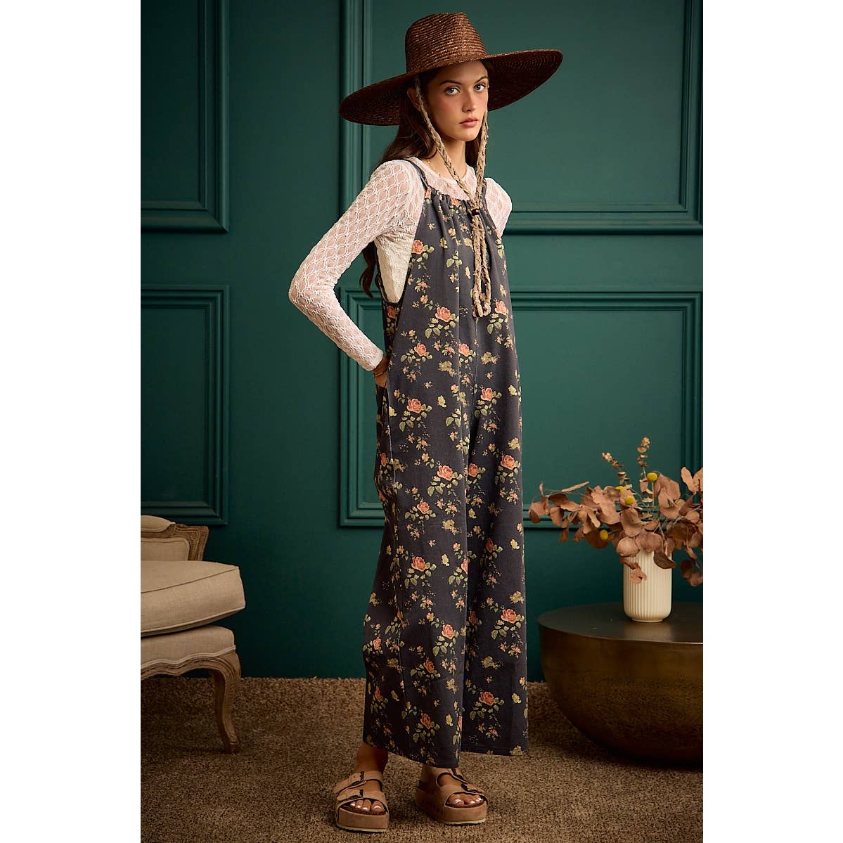Floral Print Wide Leg Lightweight Jumpsuit