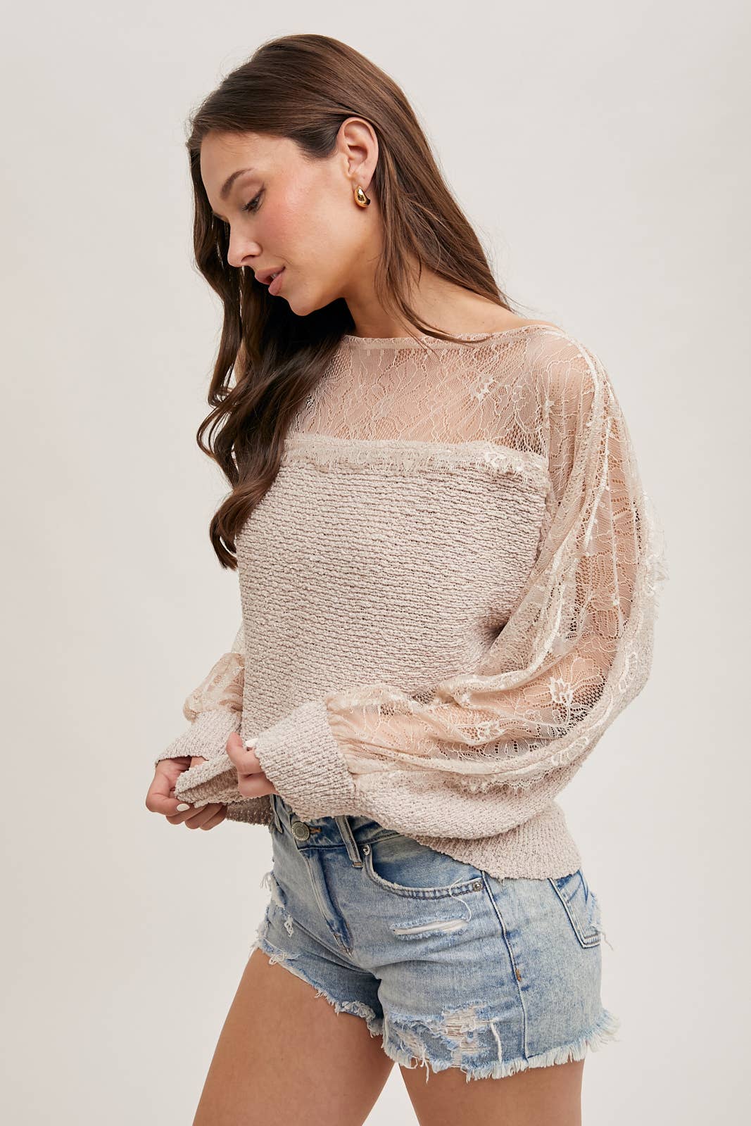 BOAT NECK LACE TRIMMED KNIT SWEATER PULLOVER Bluivy