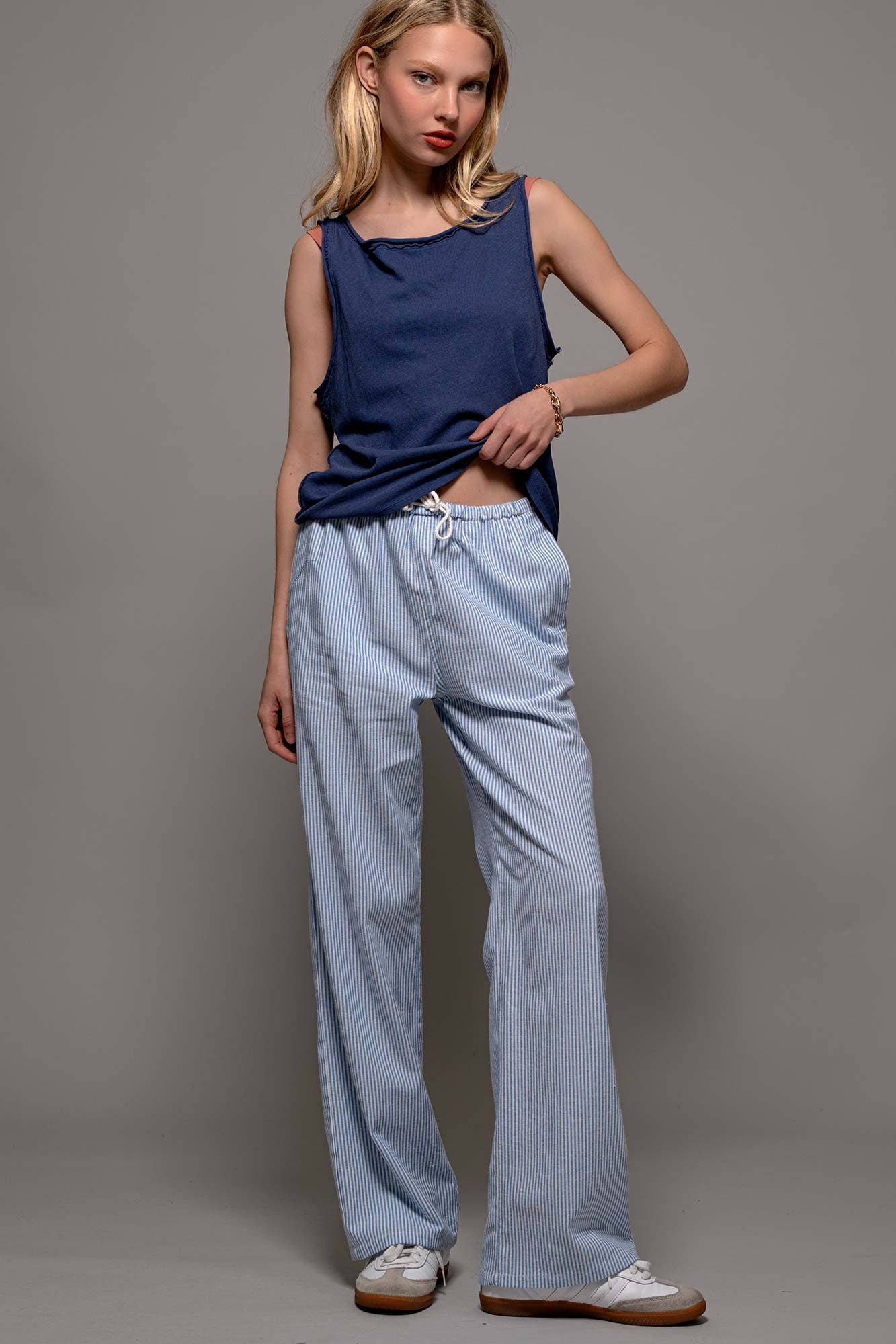 Blue Pinstripe Drawstring Wide Leg Lounge Pants 926 WEST