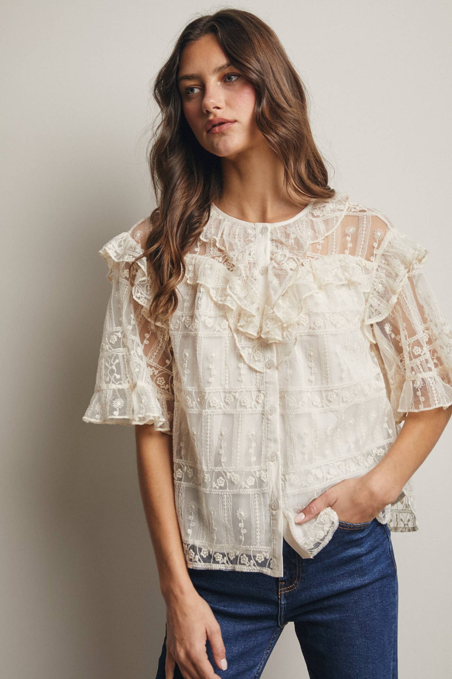 Embroidered Ruffle Lace Blouse - 926 West