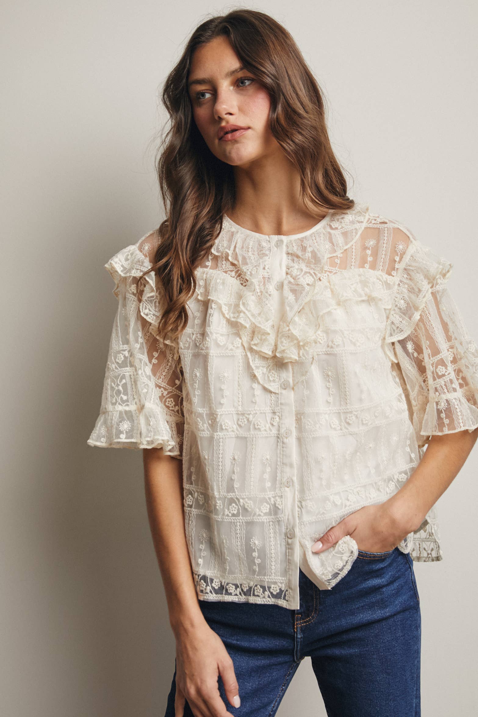 Embroidered Ruffle Lace Blouse - 926 West