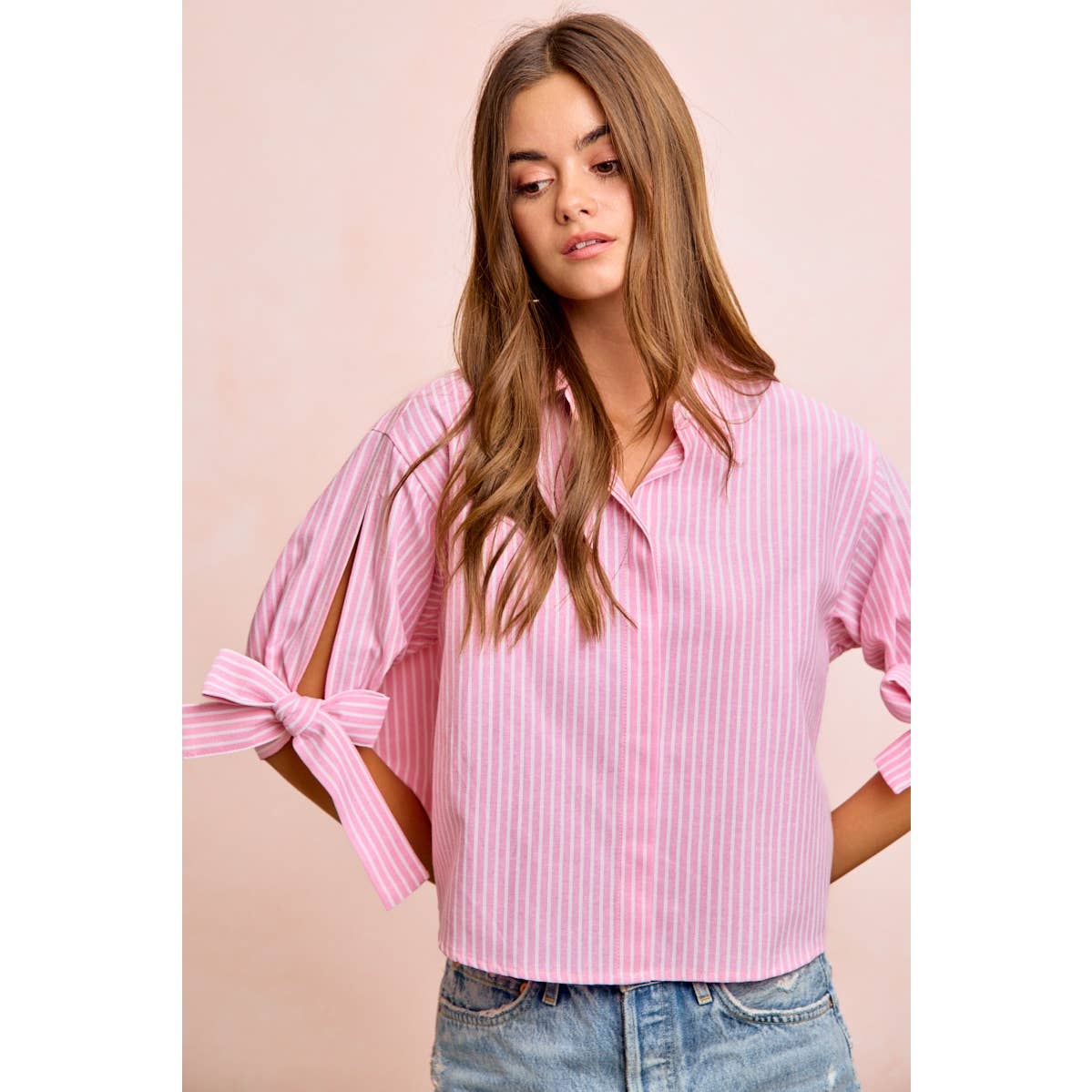 Stripe Woven Button-Up Top with Tied Sleeves