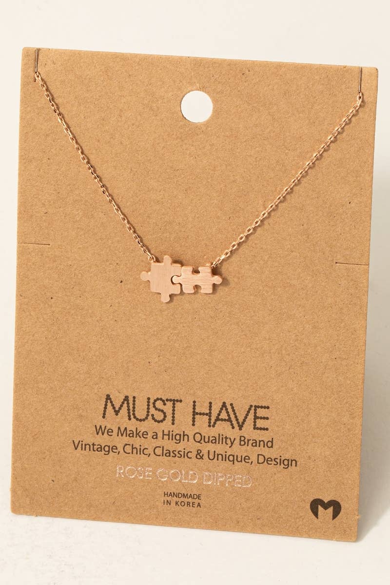 Gold Dipped Brushed Puzzle Piece Pendant Necklace Fame Accessories