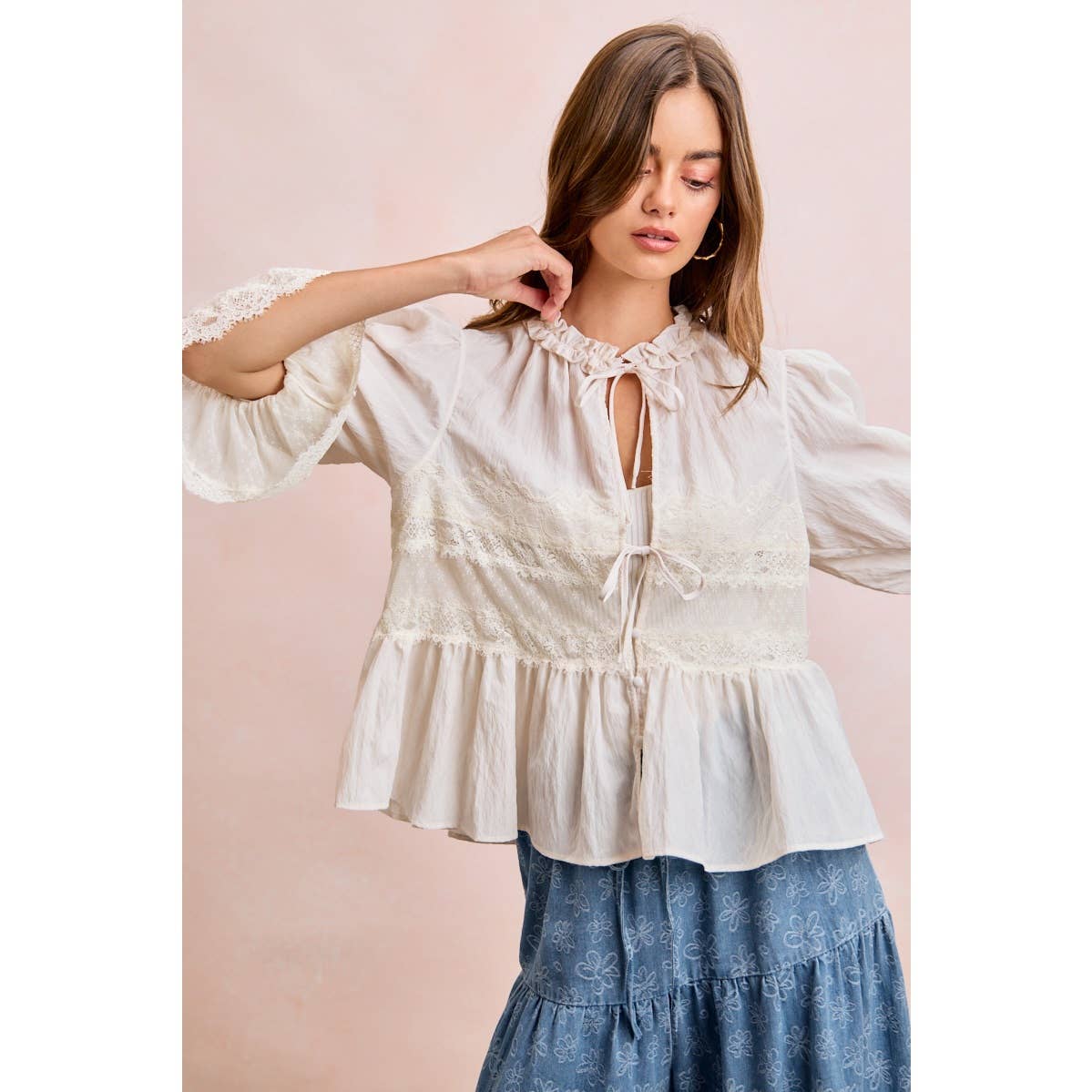 Lace Detail Front Tie Peplum Blouse